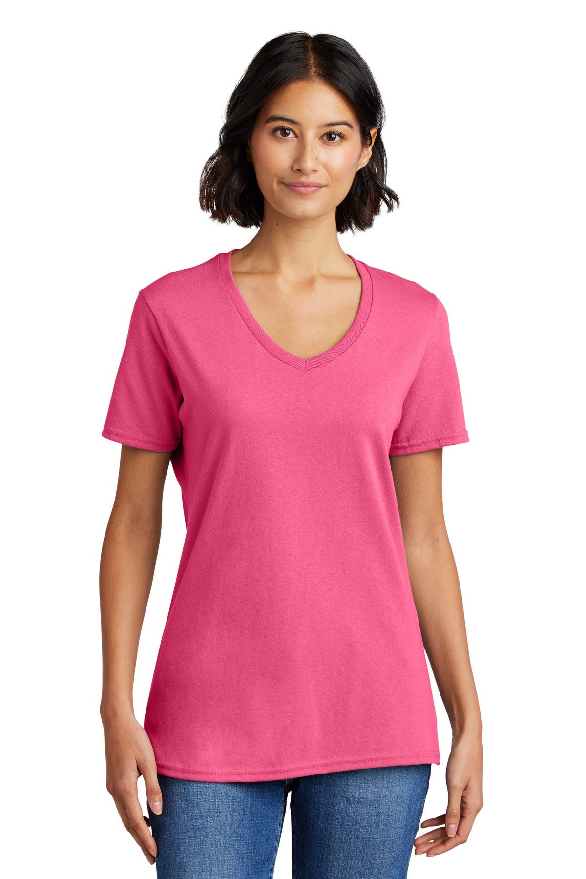 Front View of Neon Pink Port & Co Women's Core Cotton V-Neck Tee. LPC54V