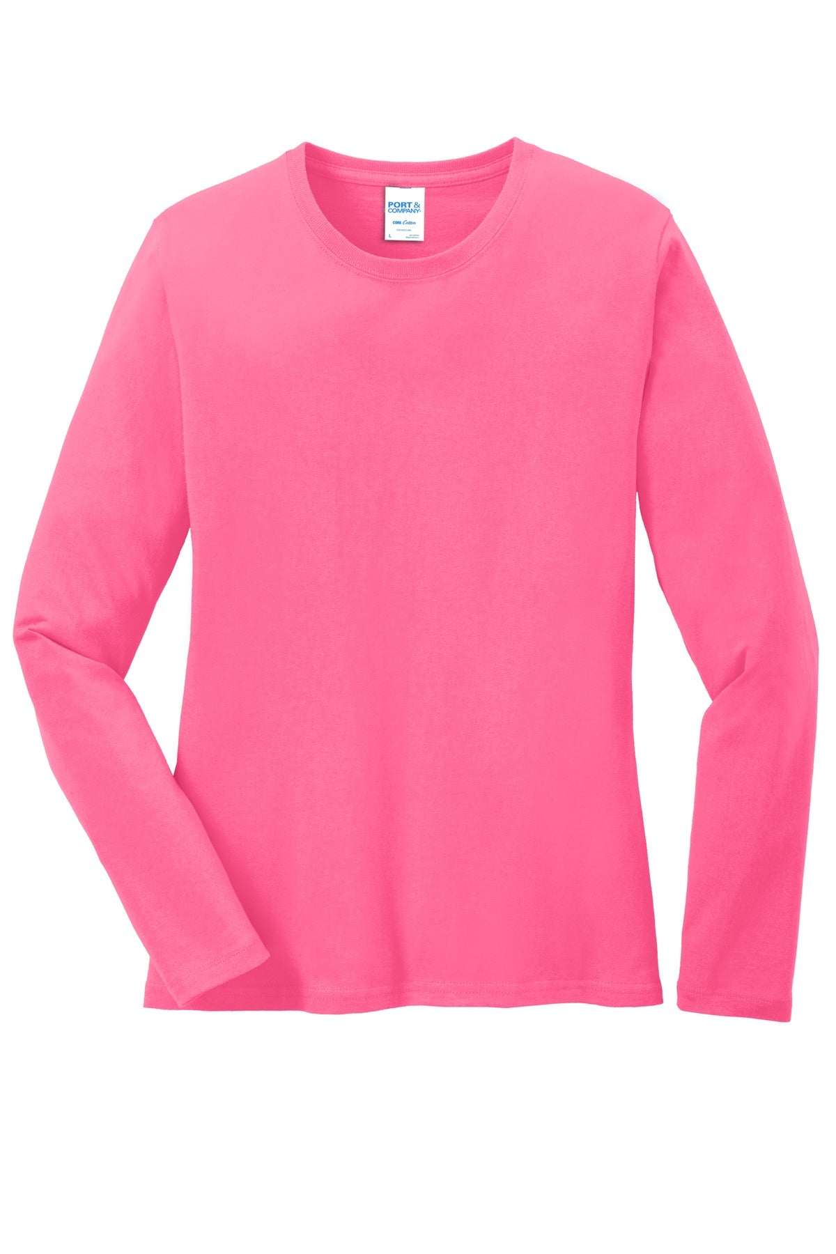 Front View of Neon Pink Port & Co Women's Long Sleeve Core Cotton Tee. LPC54LS