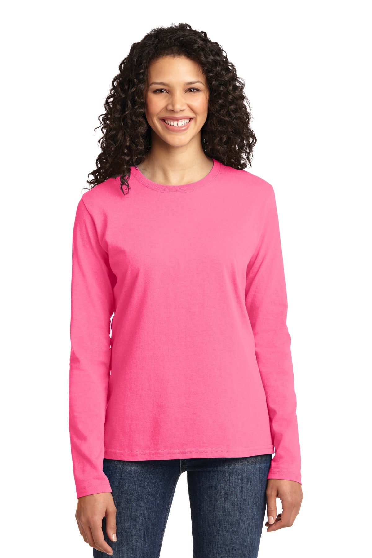 Front View of Neon Pink Port & Co Women's Long Sleeve Core Cotton Tee. LPC54LS