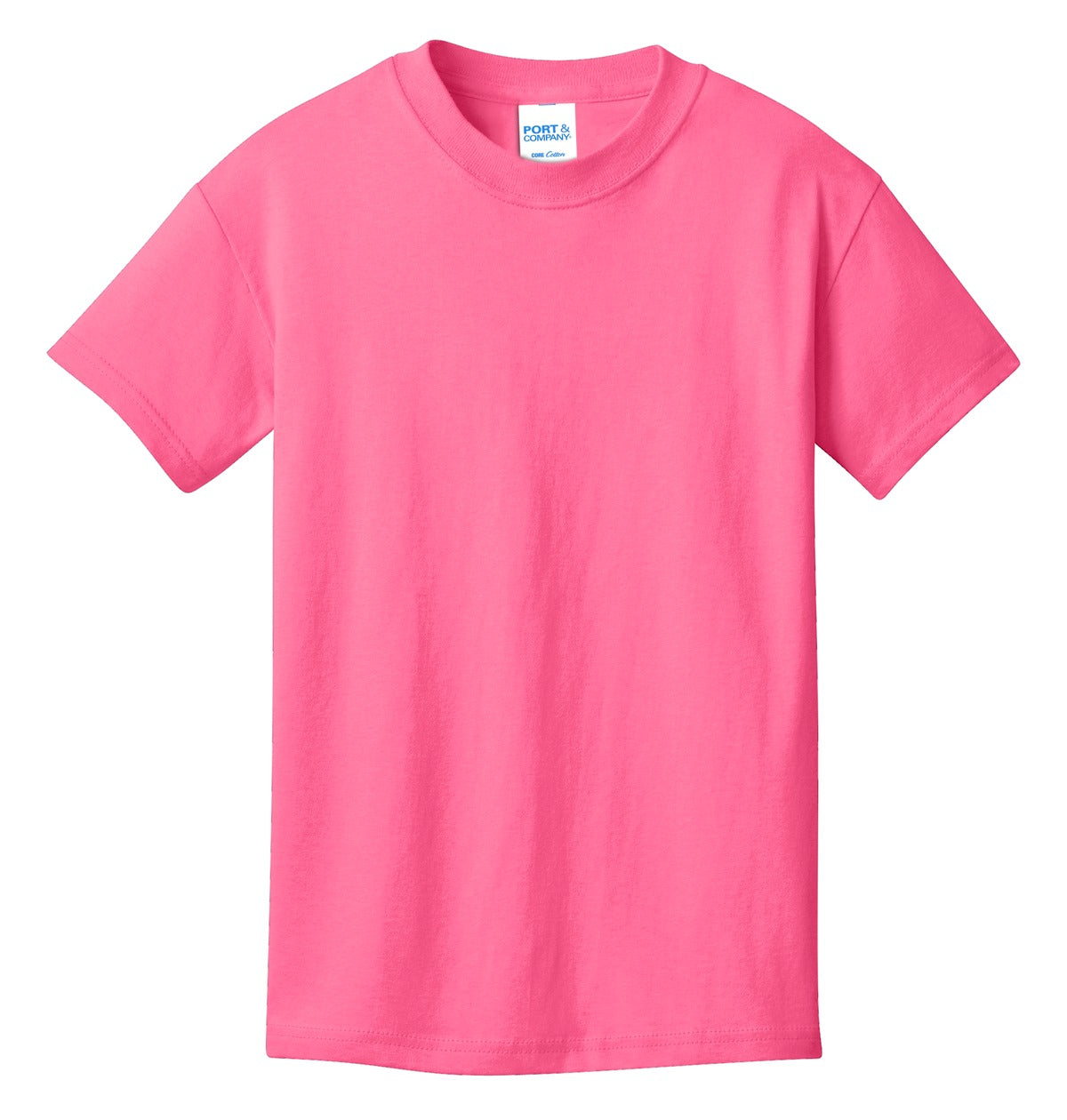 Front View of Neon Pink Port & Co Youth Core Cotton Tee. PC54Y