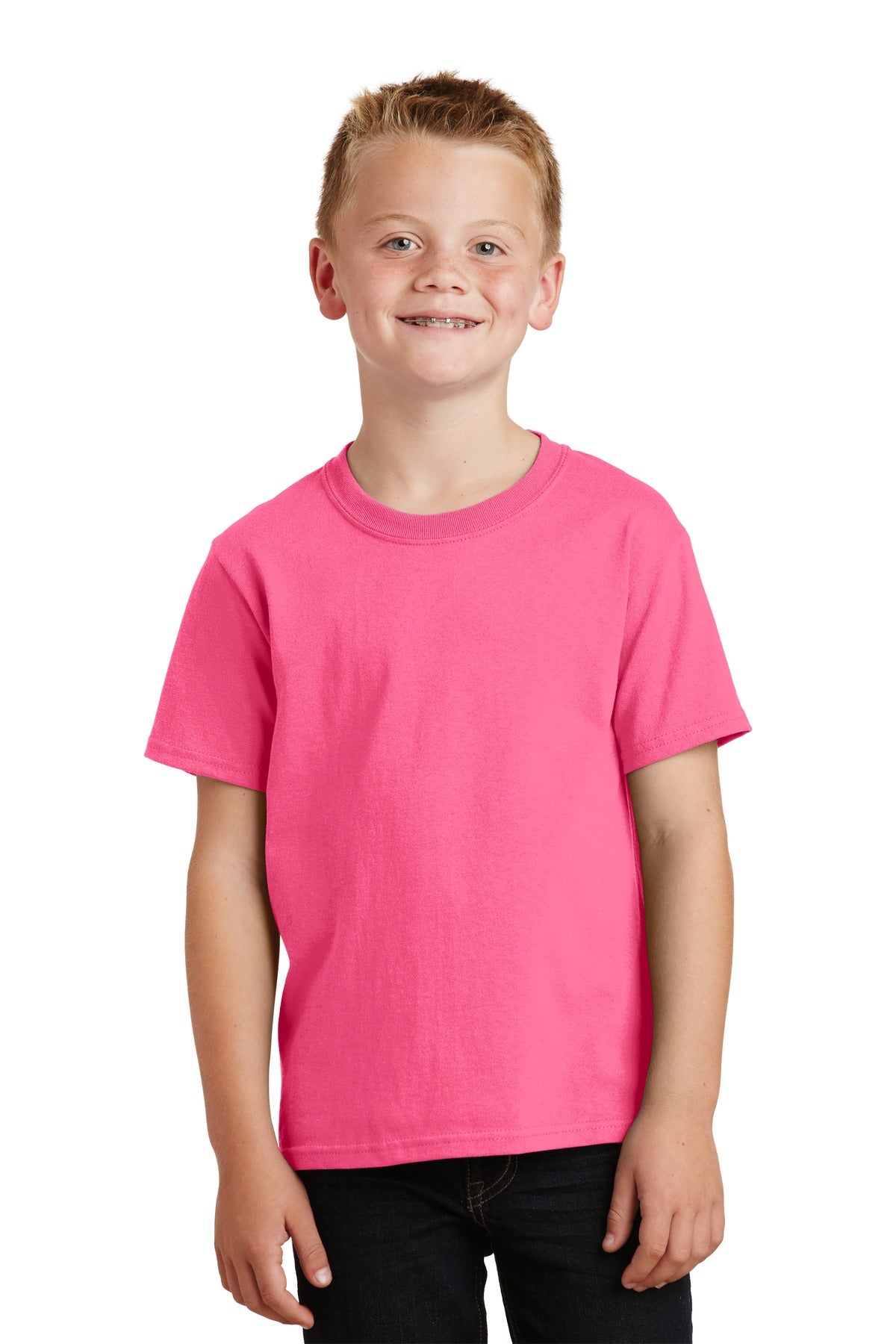 Front View of Neon Pink Port & Co Youth Core Cotton Tee. PC54Y