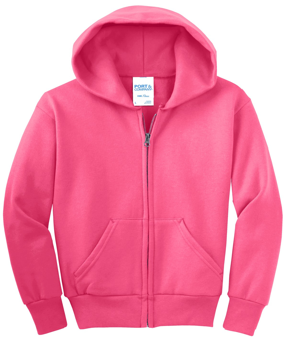 Front View of Neon Pink Port & Co Youth Core Fleece Full-Zip Hooded Sweatshirt. PC90YZH