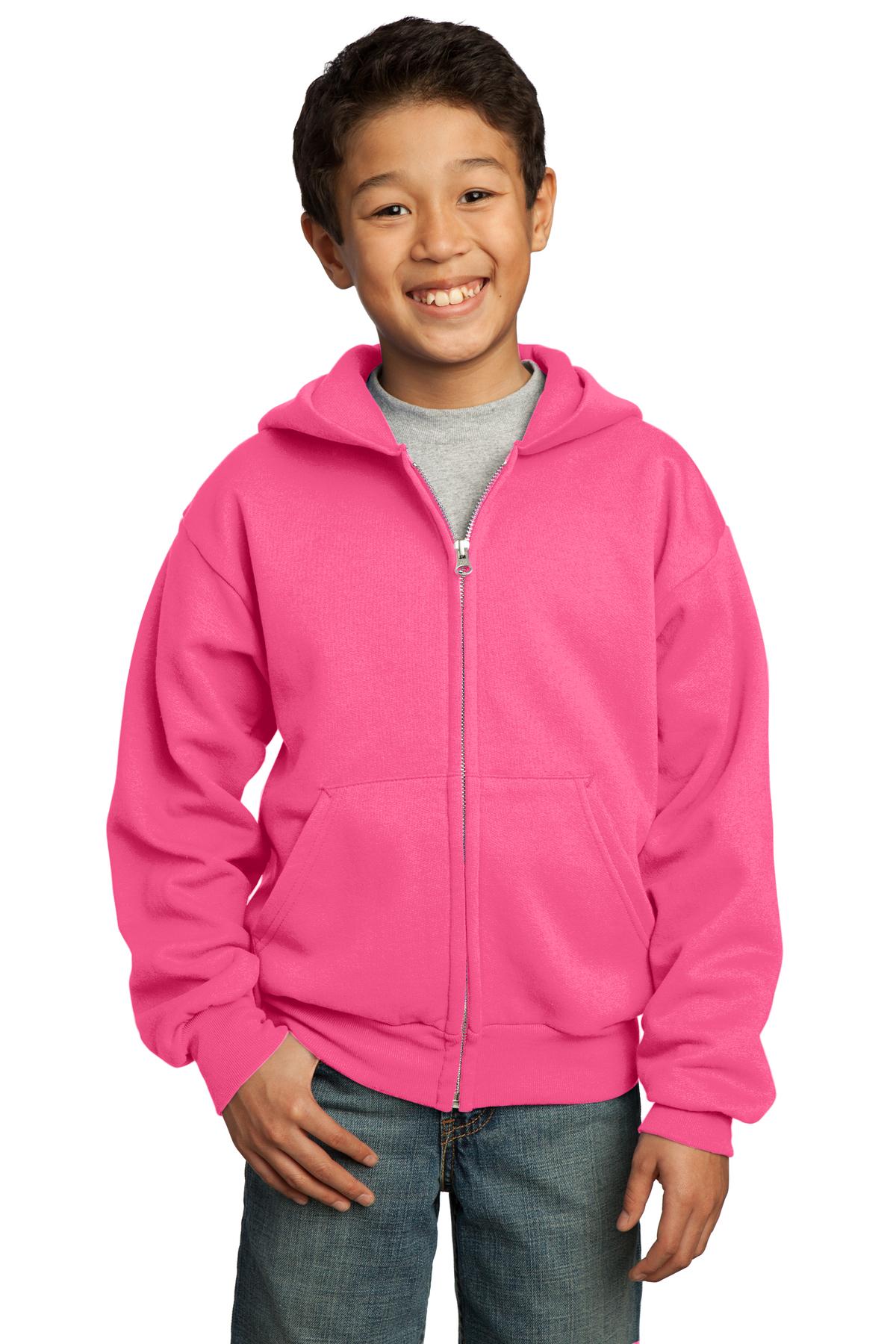 Front View of Neon Pink Port & Co Youth Core Fleece Full-Zip Hooded Sweatshirt. PC90YZH