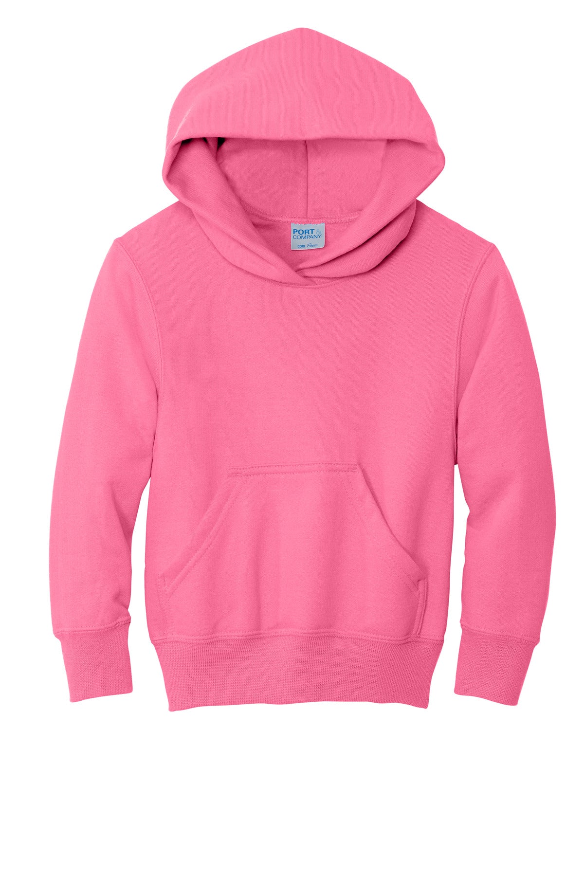 Front View of Neon Pink Port & Co Youth Core Fleece Pullover Hooded Sweatshirt. PC90YH