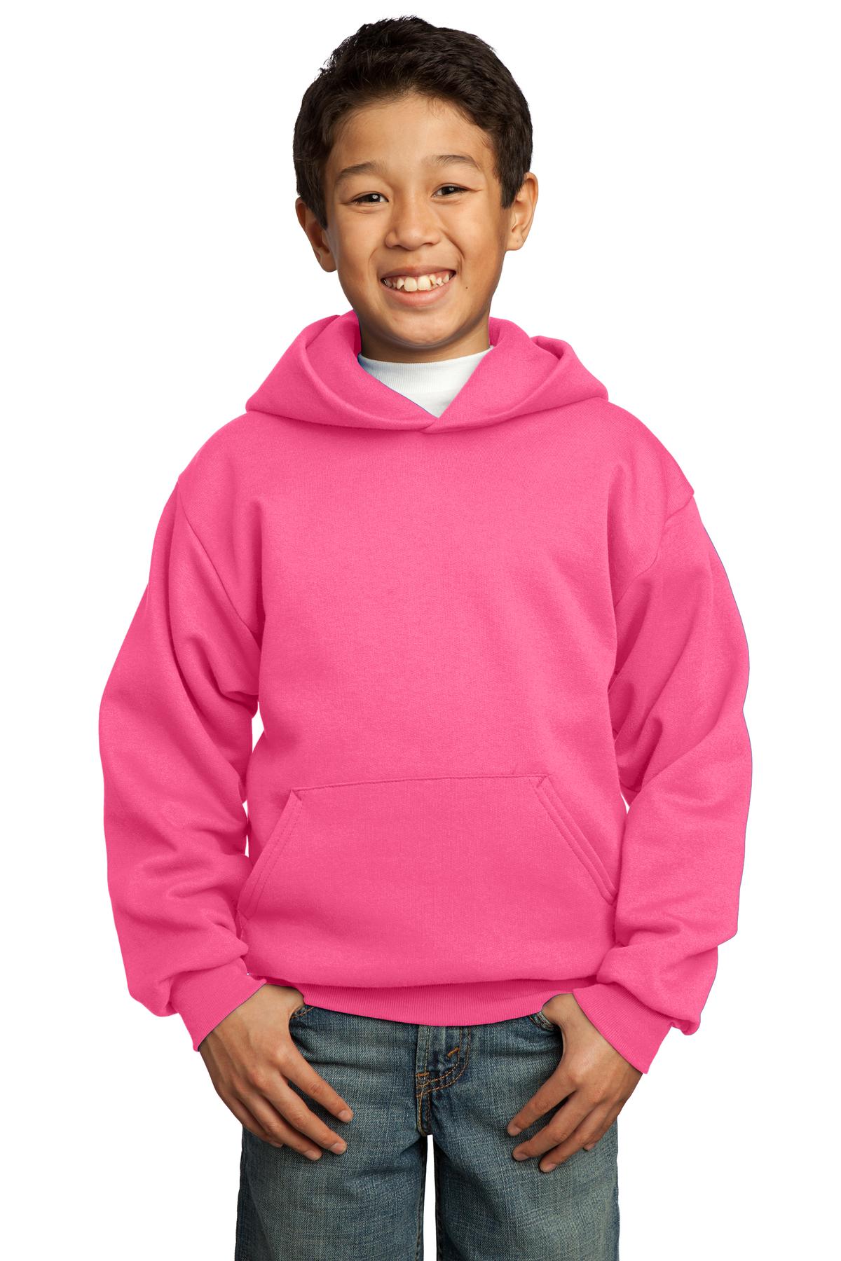 Front View of Neon Pink Port & Co Youth Core Fleece Pullover Hooded Sweatshirt. PC90YH