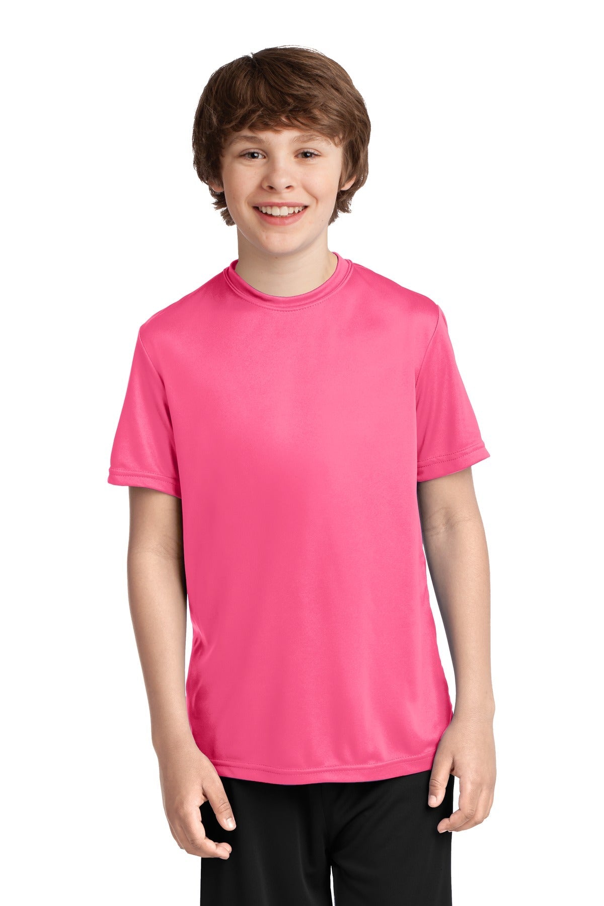 Front View of Neon Pink Port & Co Youth Performance Tee. PC380Y