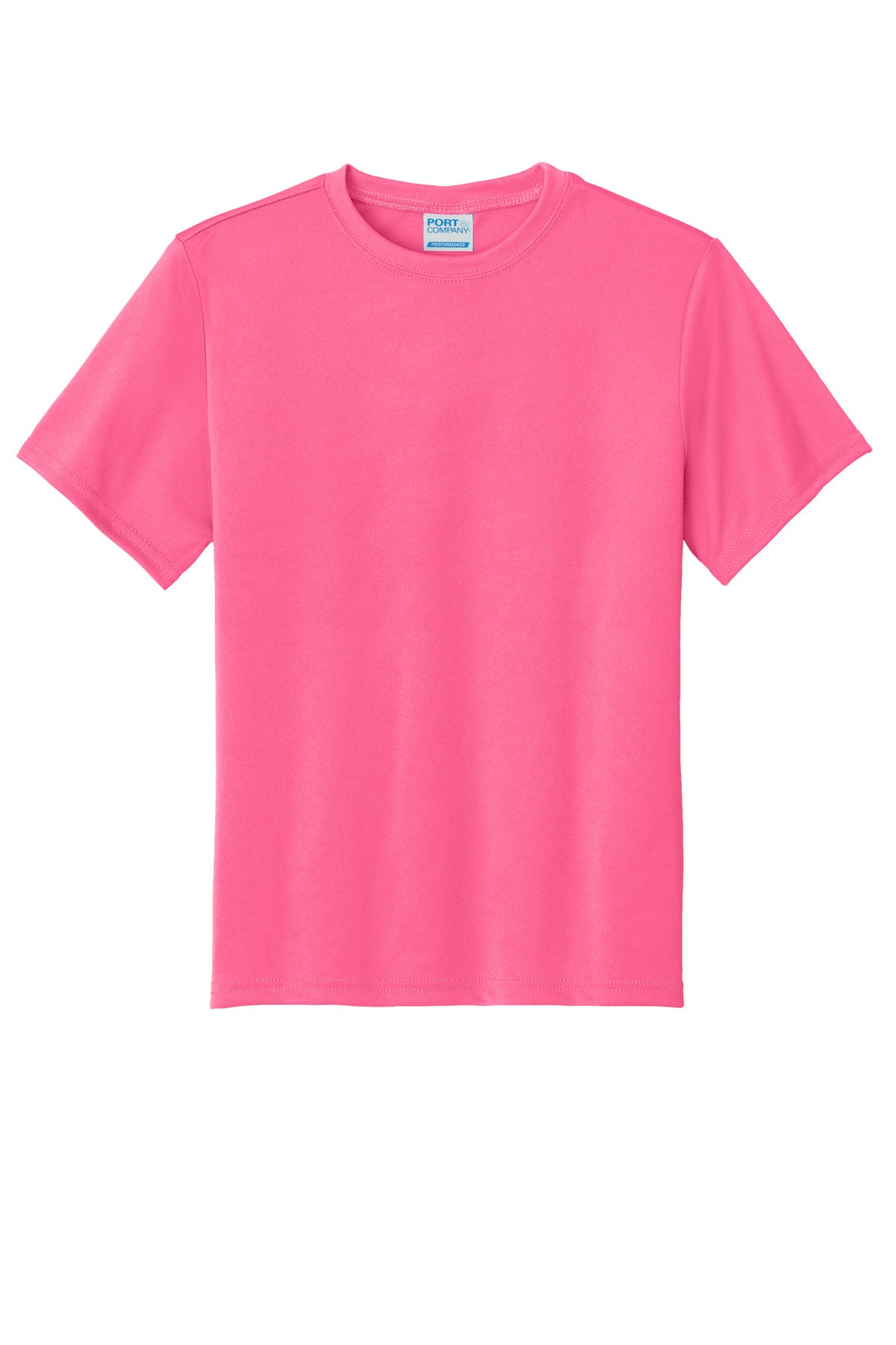 Front View of Neon Pink Port & Co Youth Performance Tee. PC380Y