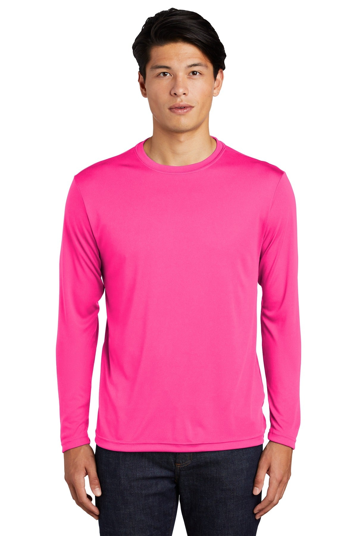 Front View of Neon Pink Sport-Tek Long Sleeve PosiCharge Competitor Tee. ST350LS