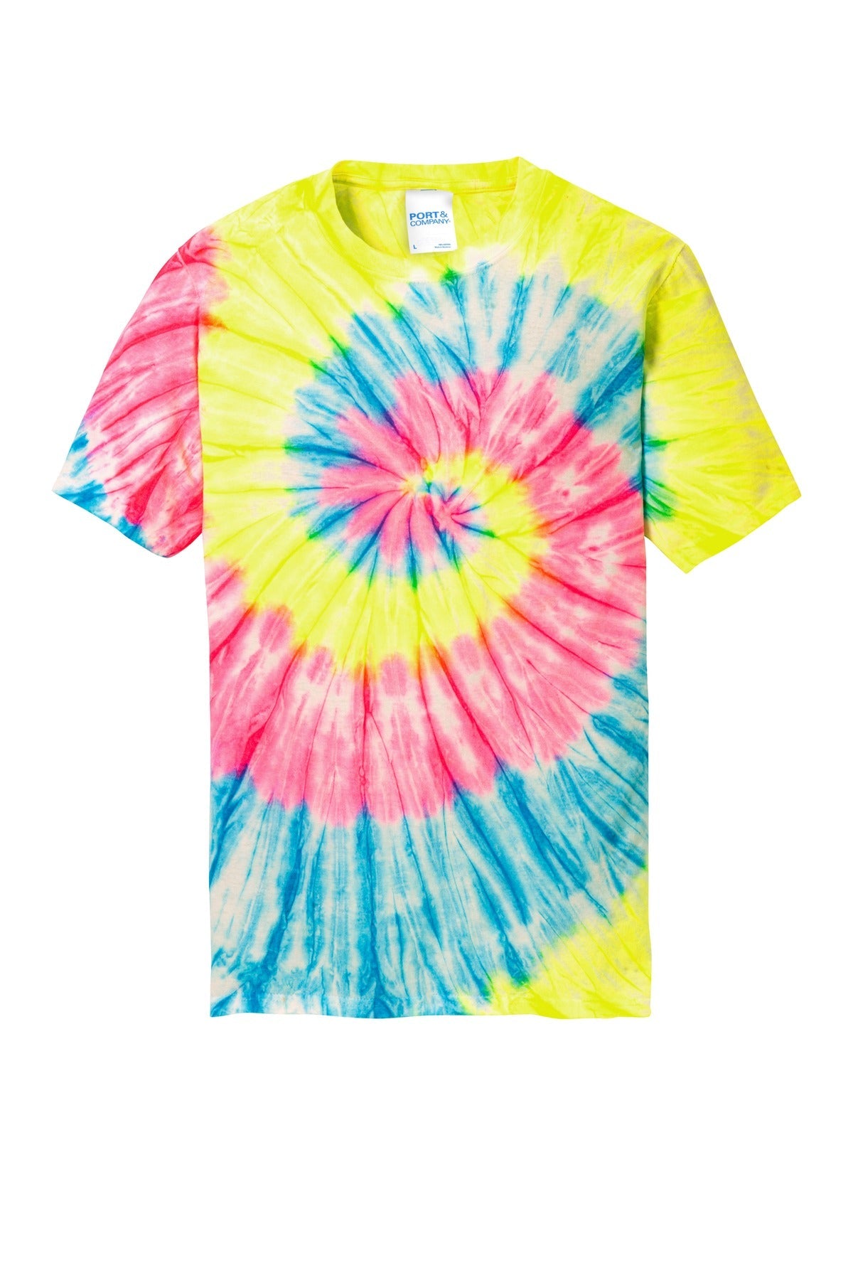Front View of Neon Rainbow Port & Co Tie-Dye Tee. PC147
