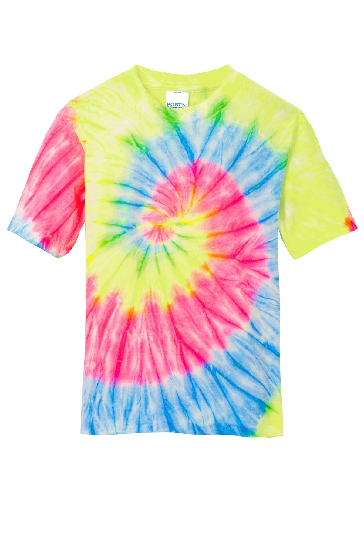Front View of Neon Rainbow Port & Co Youth Tie-Dye Tee. PC147Y