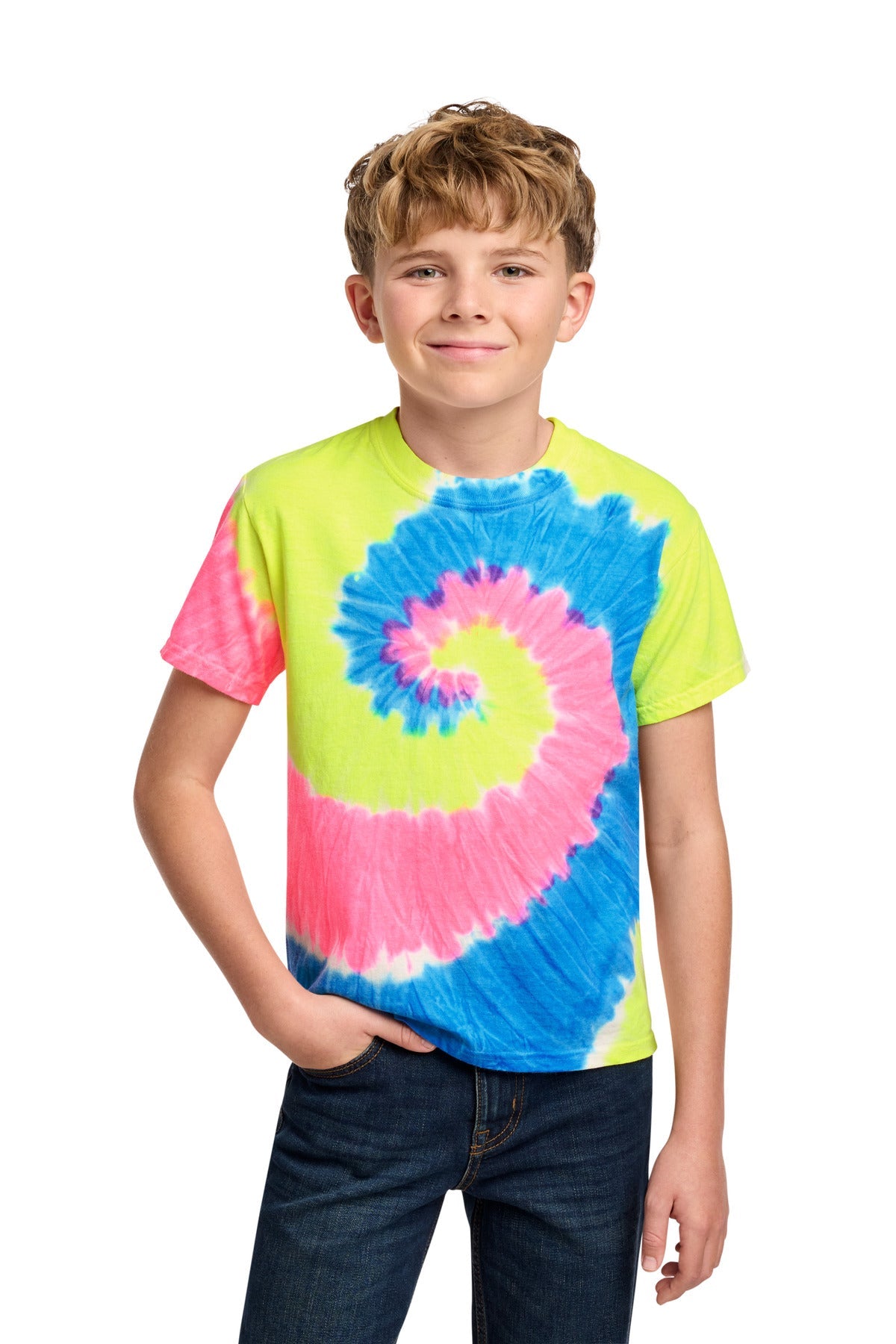 Front View of Neon Rainbow Port & Co Youth Tie-Dye Tee. PC147Y