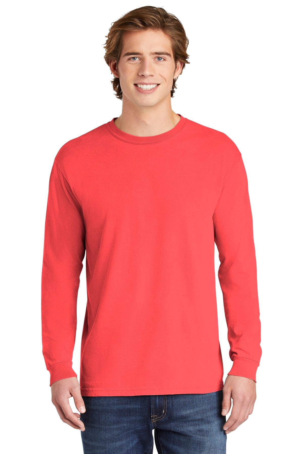 Front View of Neon Red Orng COMFORT COLORS Heavyweight Ring Spun Long Sleeve Tee. 6014