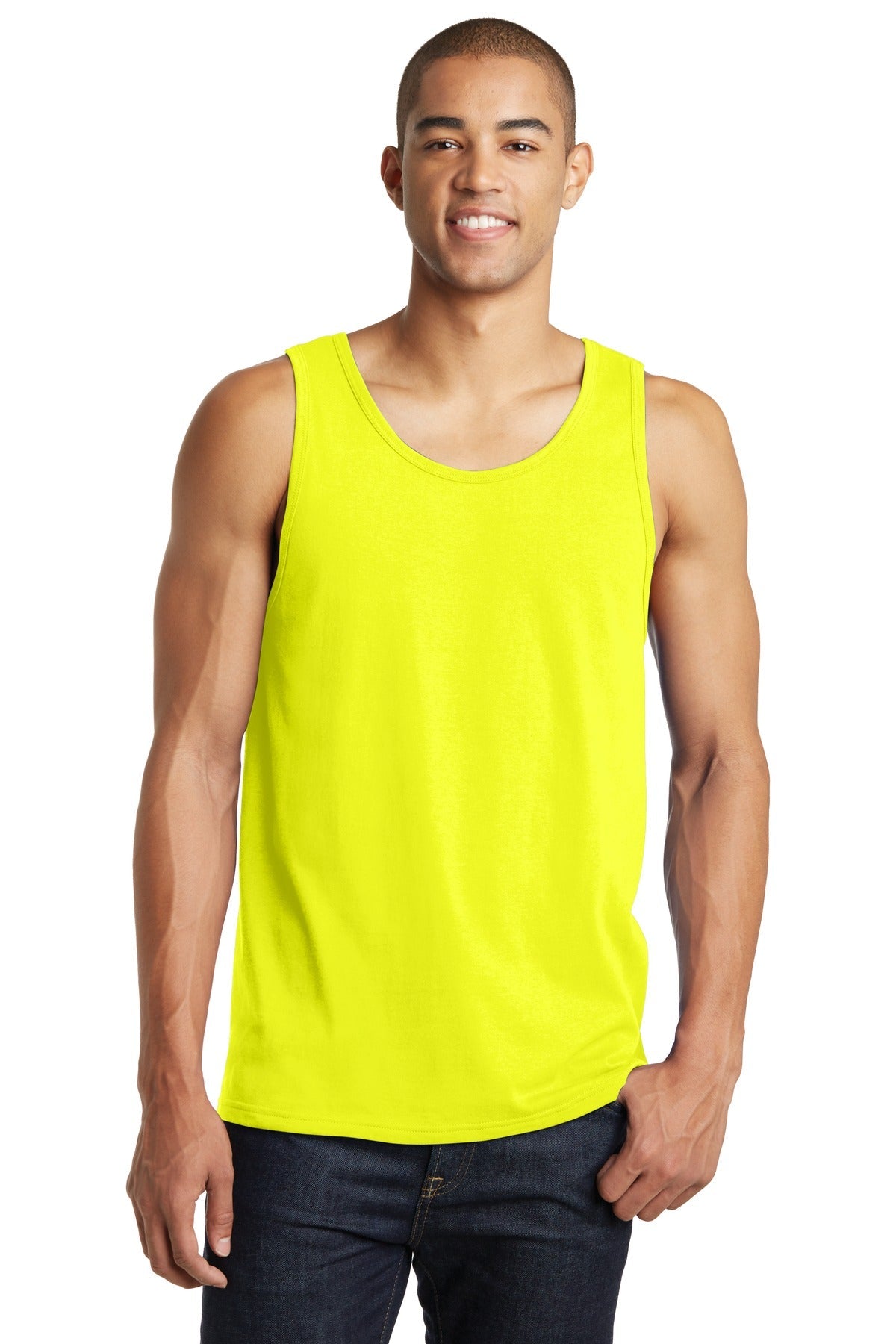 Front View of Neon Yellow District The Concert Tank . DT5300