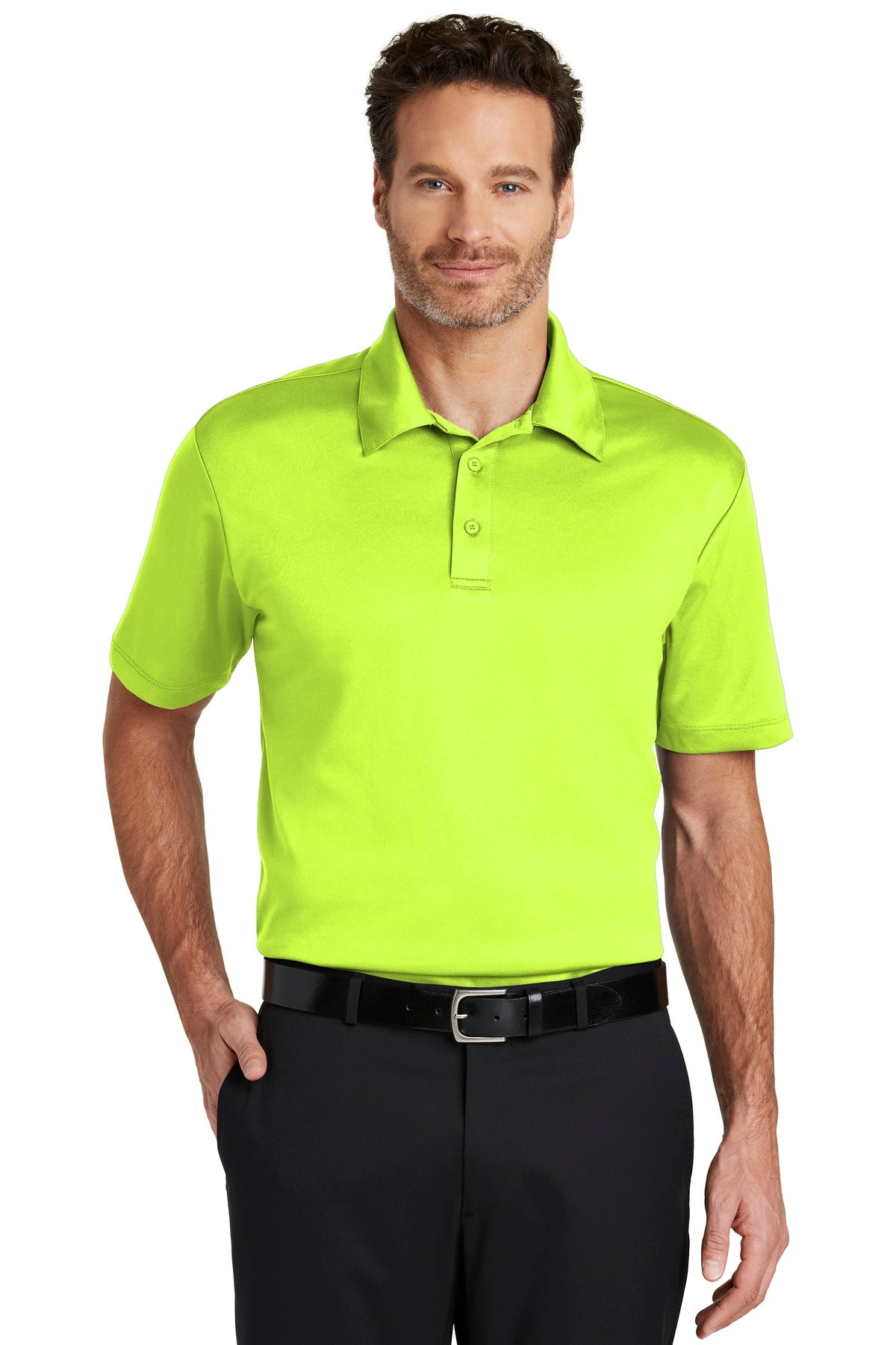 Front View of Neon Yellow Port Authority Silk Touch Performance Polo. K540