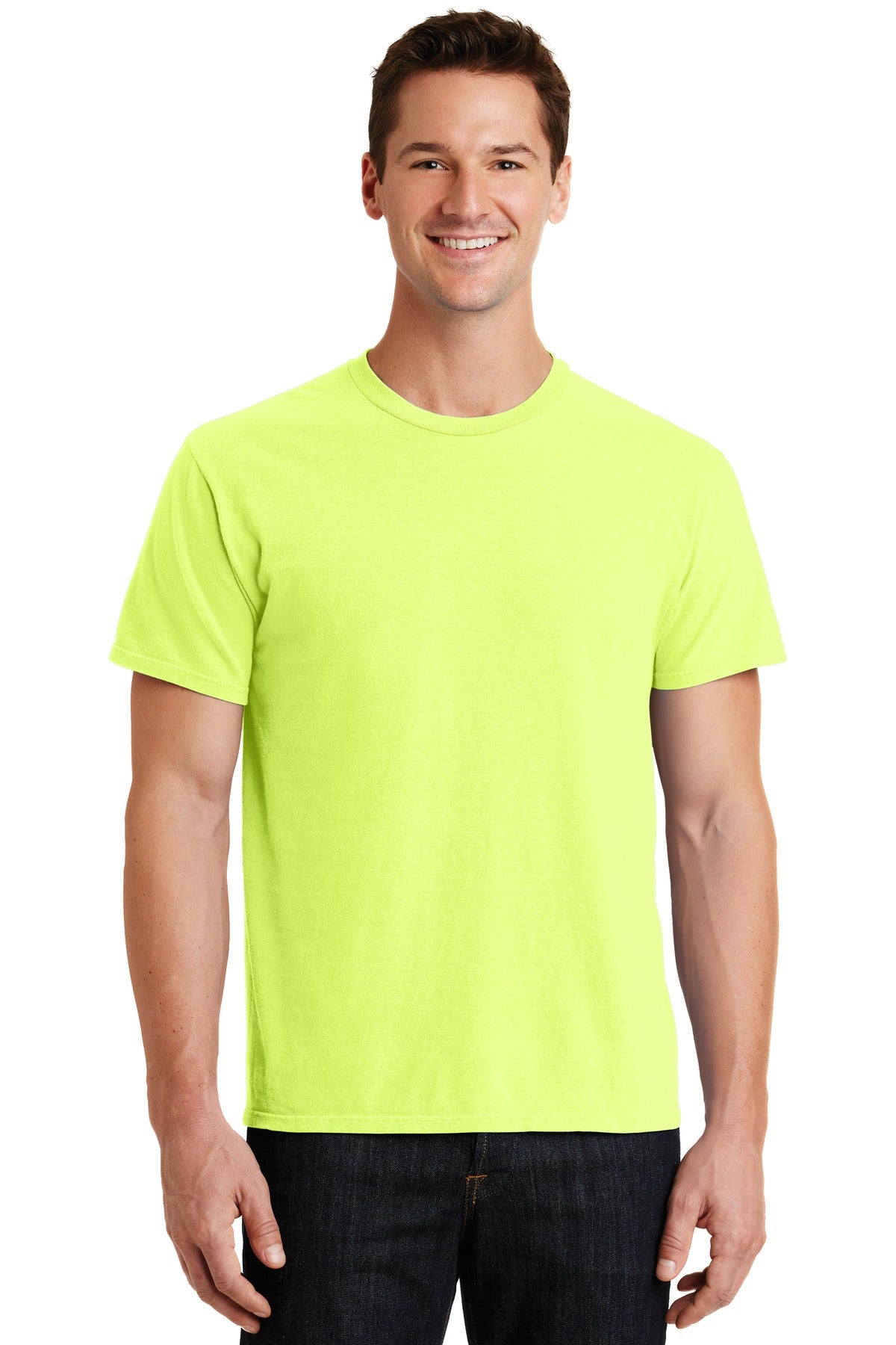 Front View of Neon Yellow Port & Co Beach Wash Garment-Dyed Tee. PC099