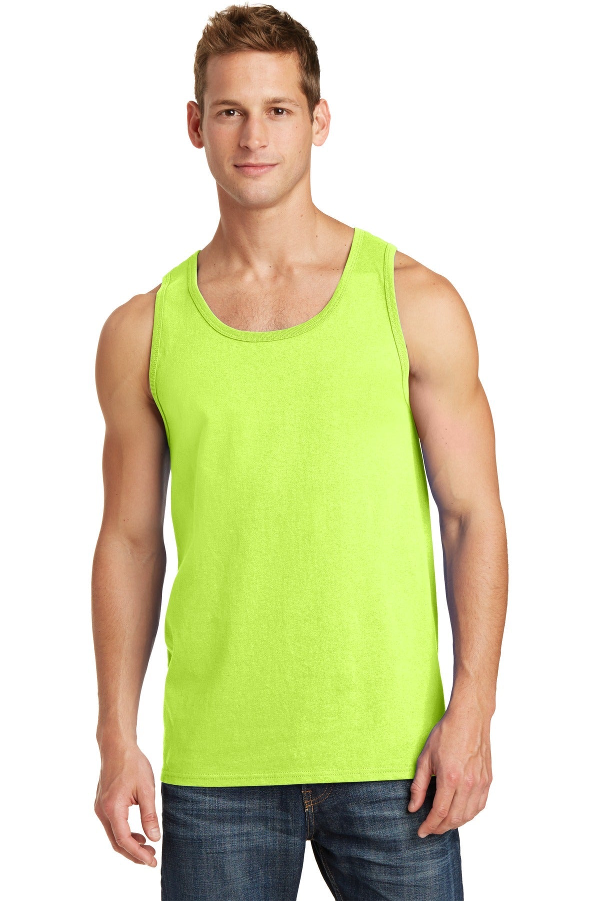 Front View of Neon Yellow Port & Co Core Cotton Tank Top. PC54TT