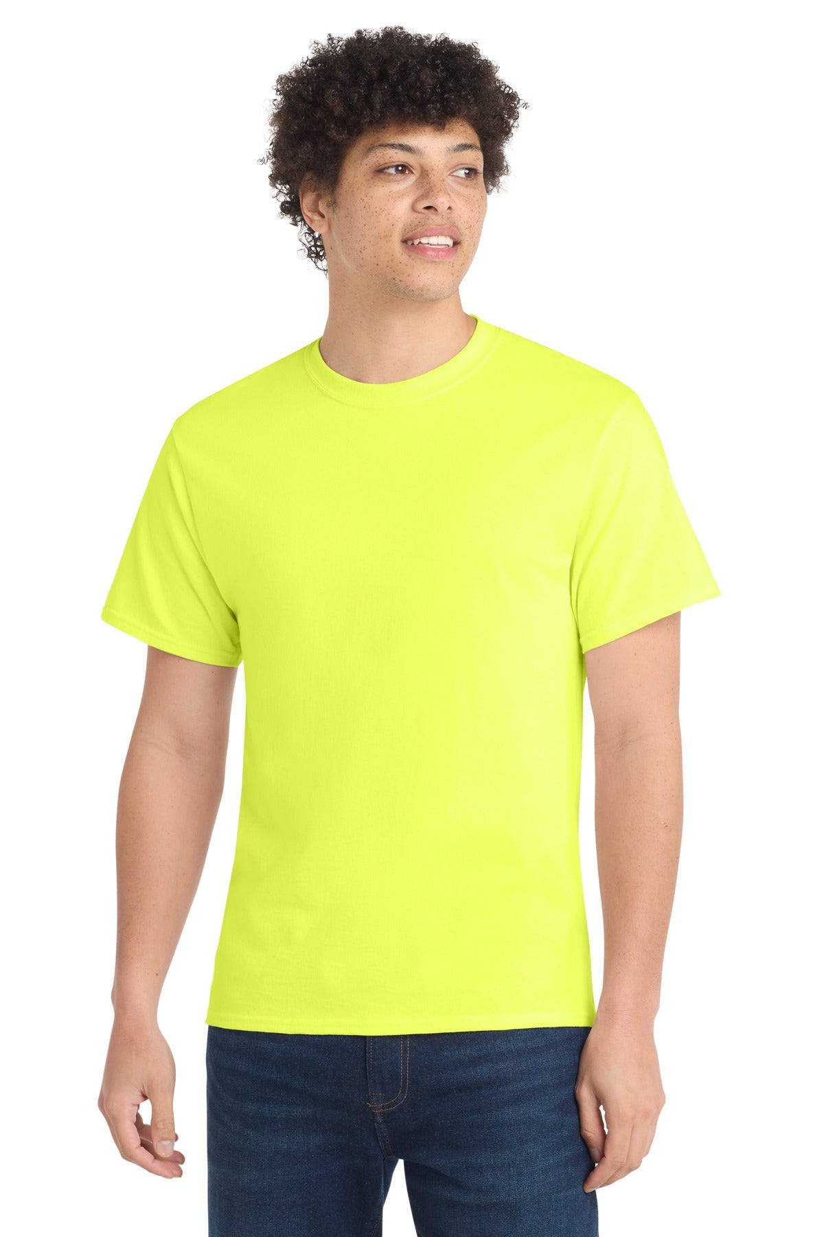 Front View of Neon Yellow Port & Co Core Cotton Tee. PC54