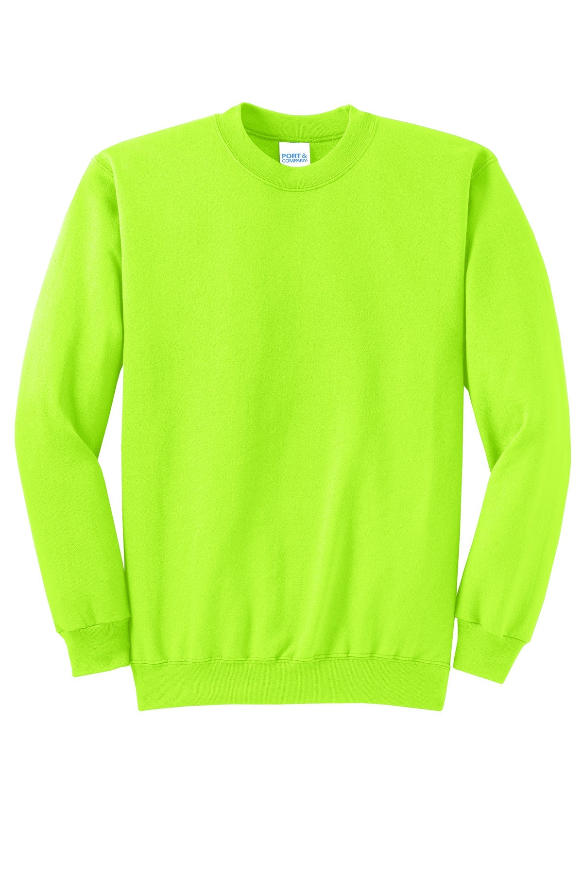 Front View of Neon Yellow Port & Co Core Fleece Crewneck Sweatshirt. PC78