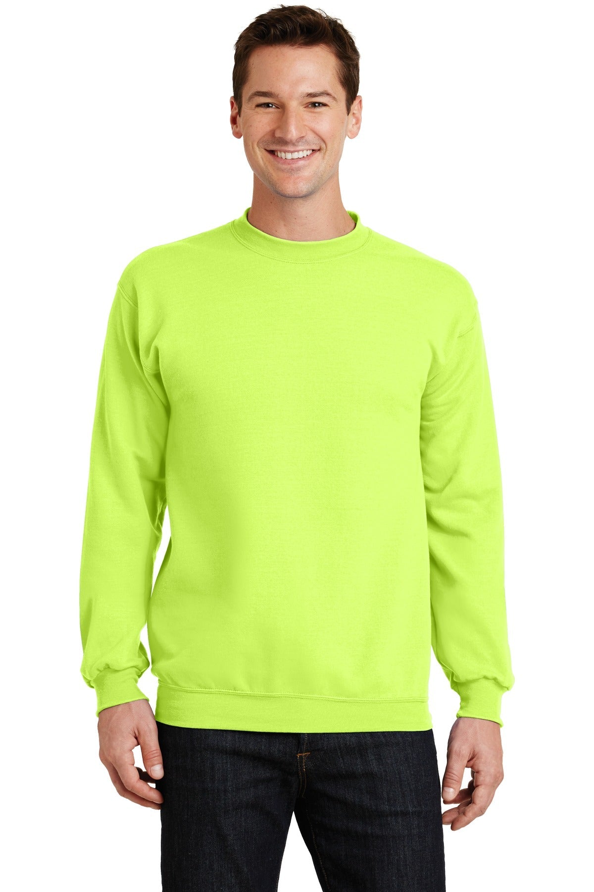 Front View of Neon Yellow Port & Co Core Fleece Crewneck Sweatshirt. PC78