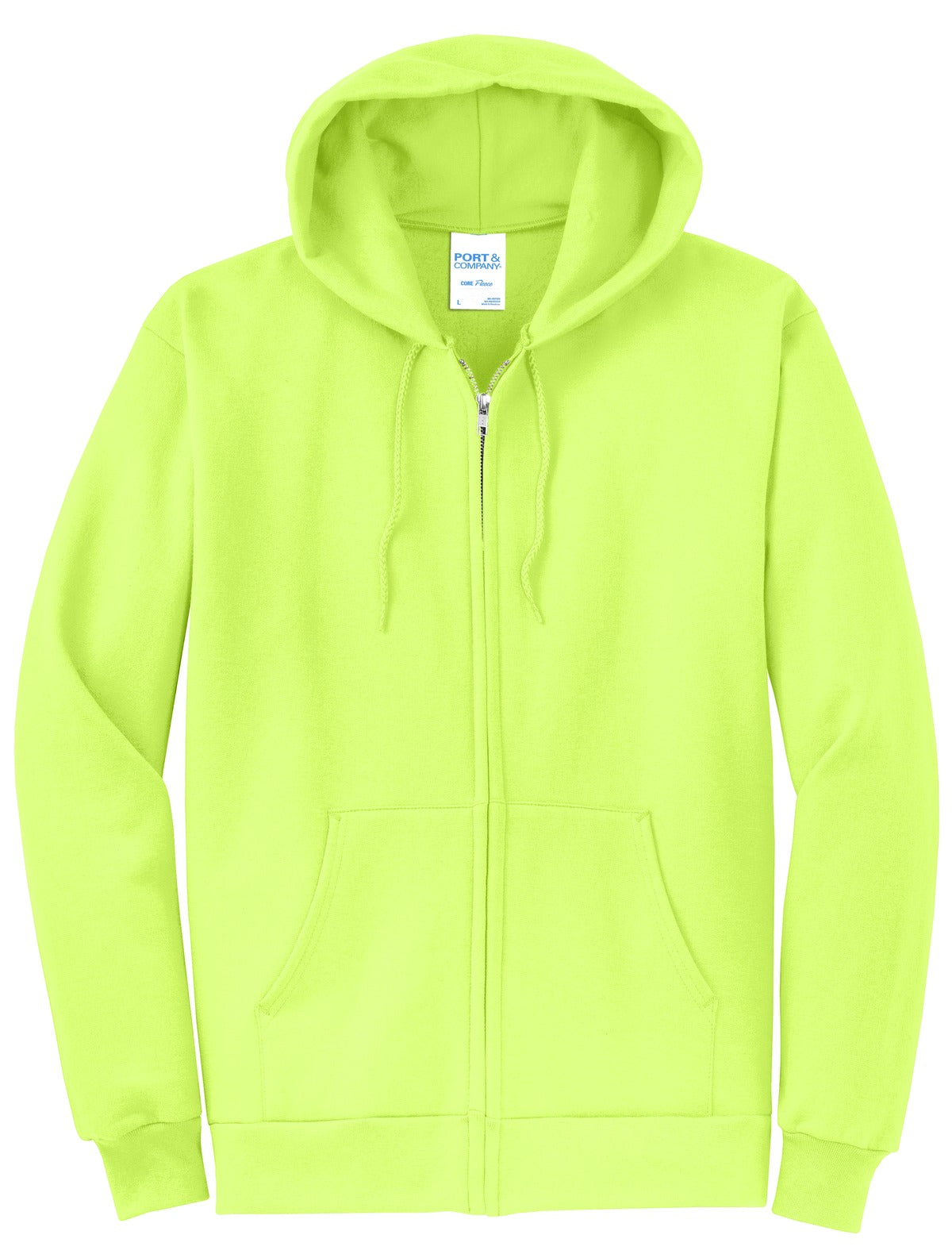 Front View of Neon Yellow Port & Co Core Fleece Full-Zip Hooded Sweatshirt. PC78ZH