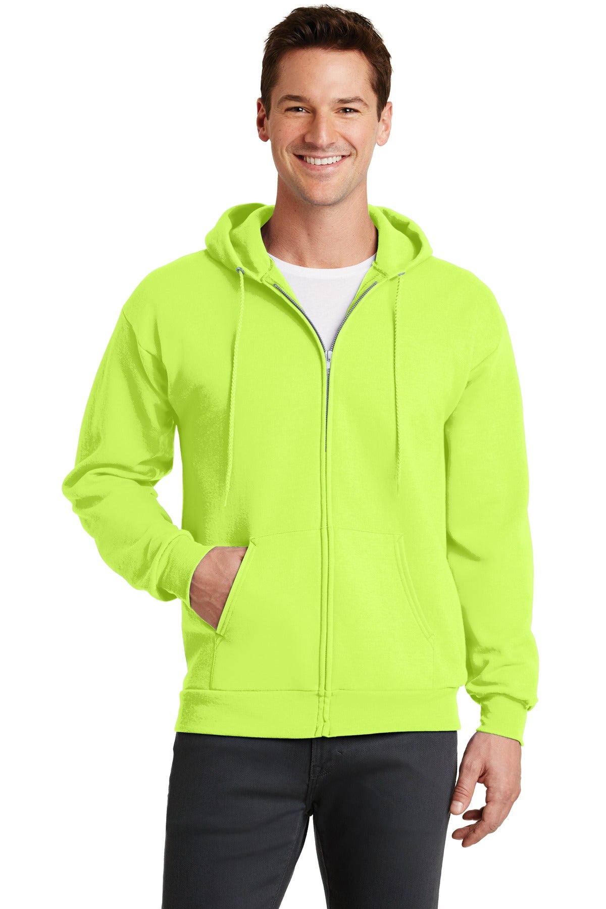 Front View of Neon Yellow Port & Co Core Fleece Full-Zip Hooded Sweatshirt. PC78ZH