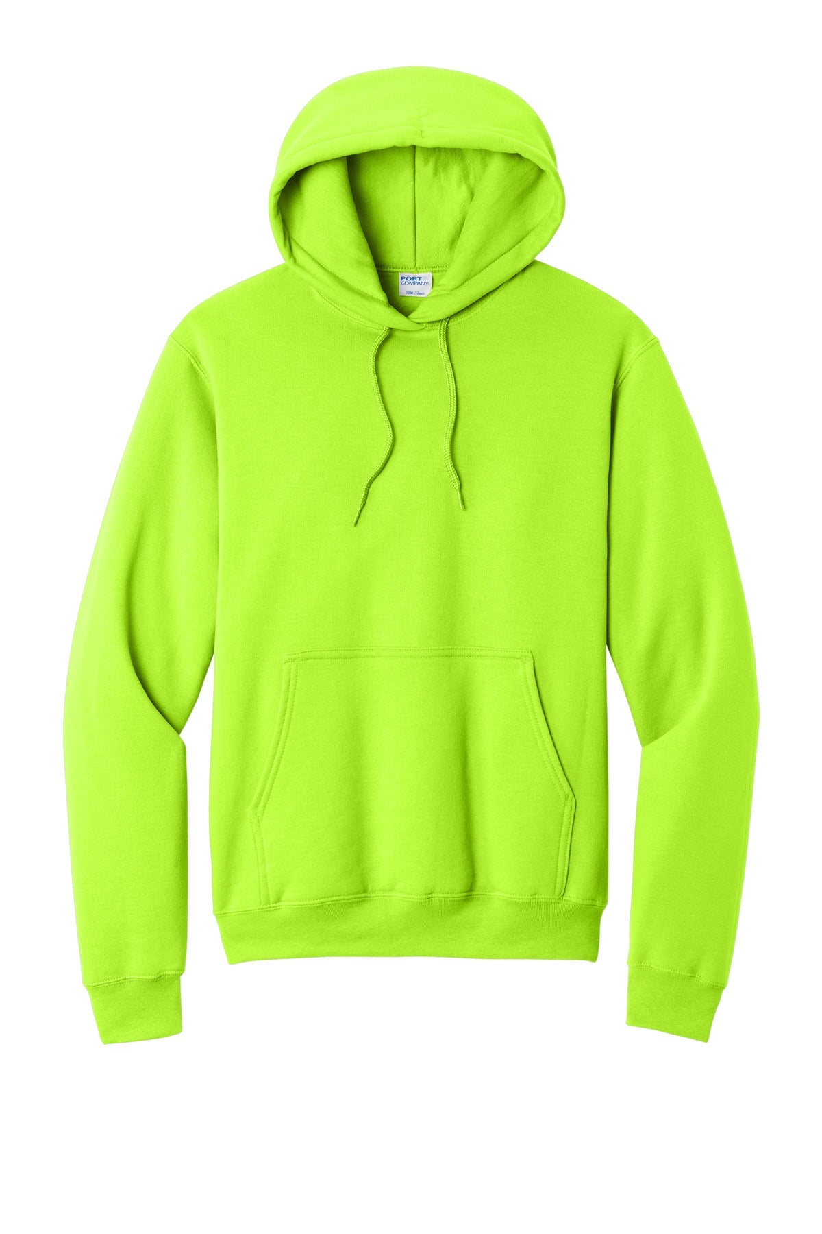 Front View of Neon Yellow Port & Co Core Fleece Pullover Hooded Sweatshirt. PC78H