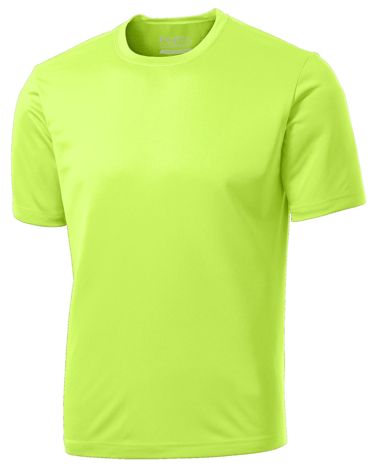 Front View of Neon Yellow Port & Co Performance Tee. PC380