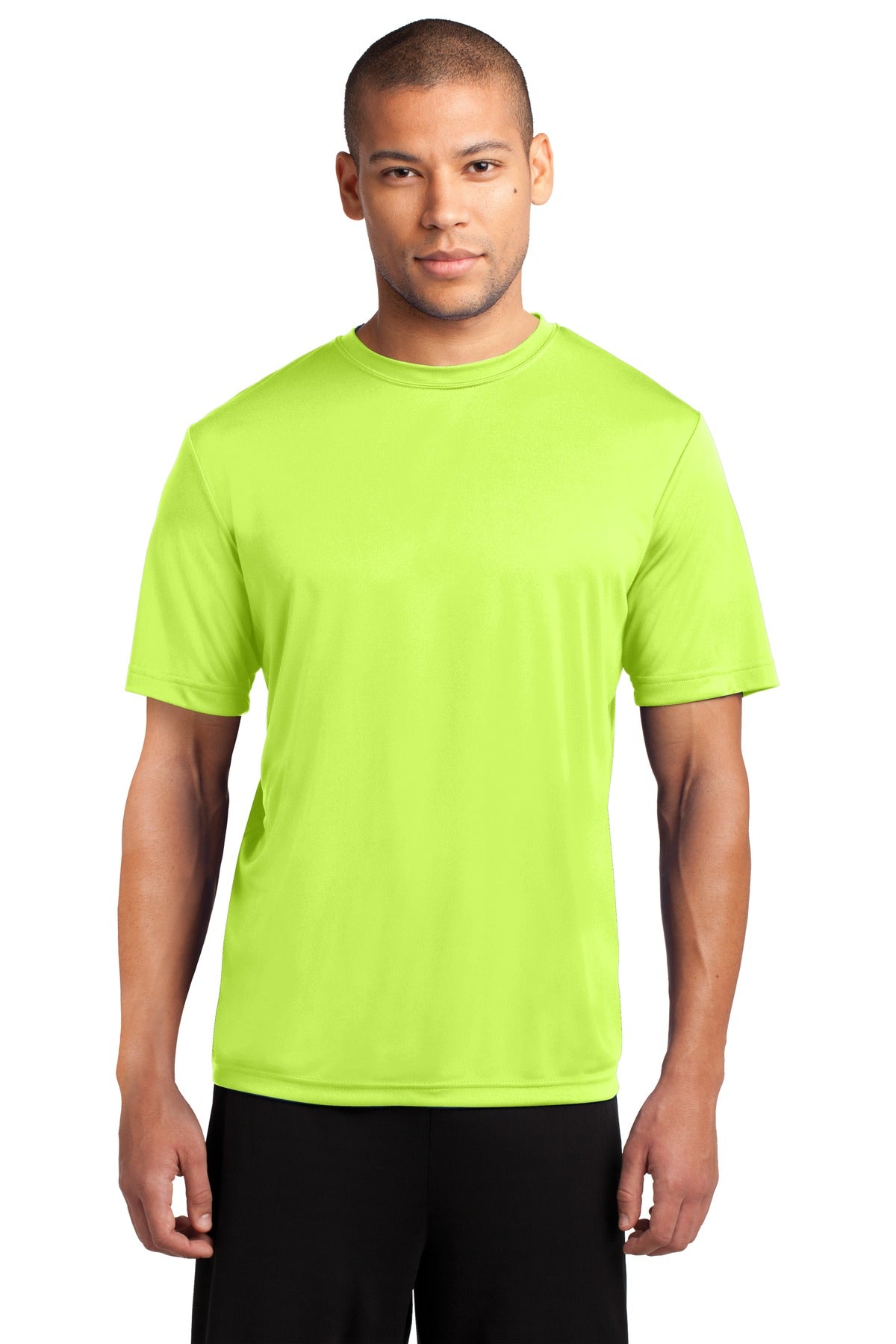 Front View of Neon Yellow Port & Co Performance Tee. PC380