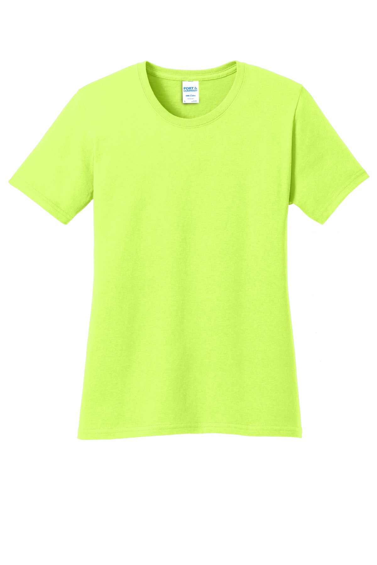 Front View of Neon Yellow Port & Co Women's Core Cotton Tee. LPC54