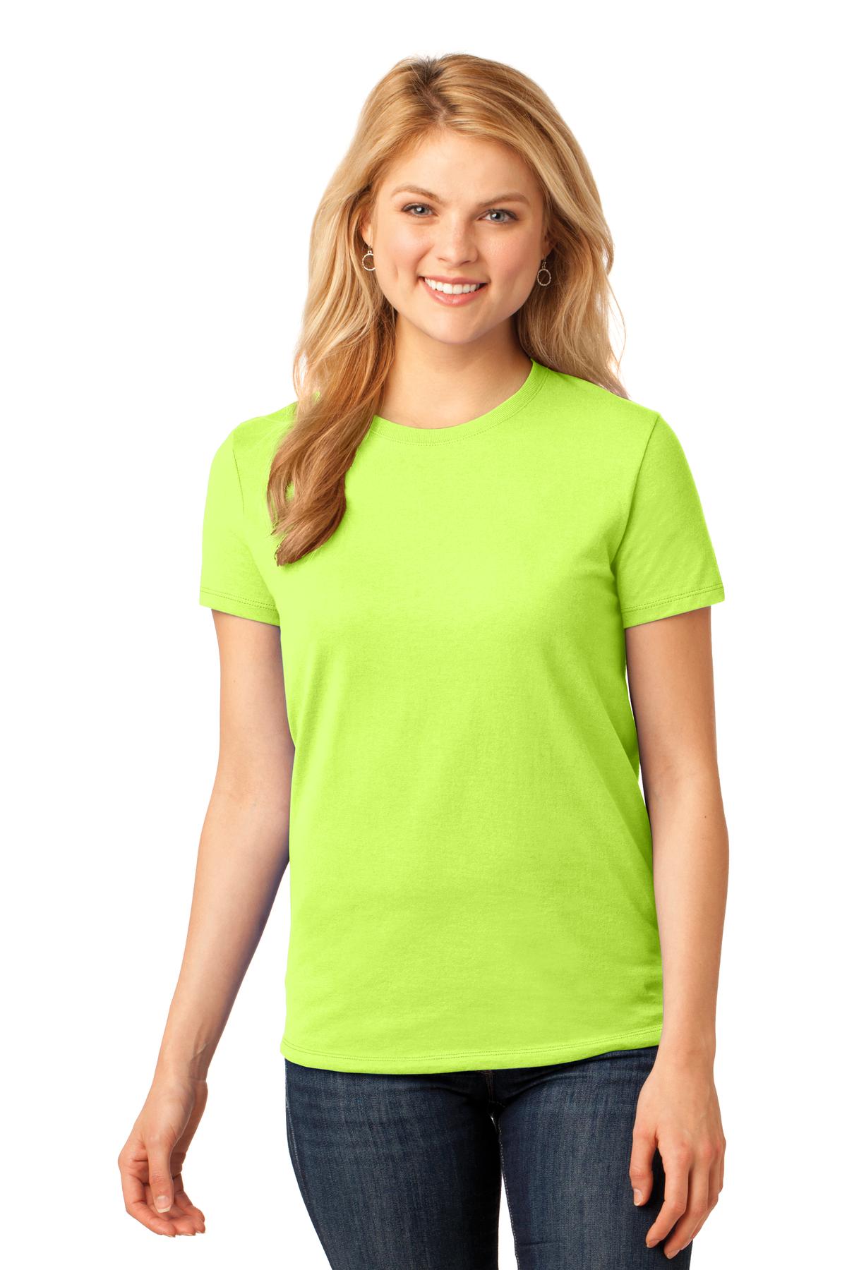 Front View of Neon Yellow Port & Co Women's Core Cotton Tee. LPC54