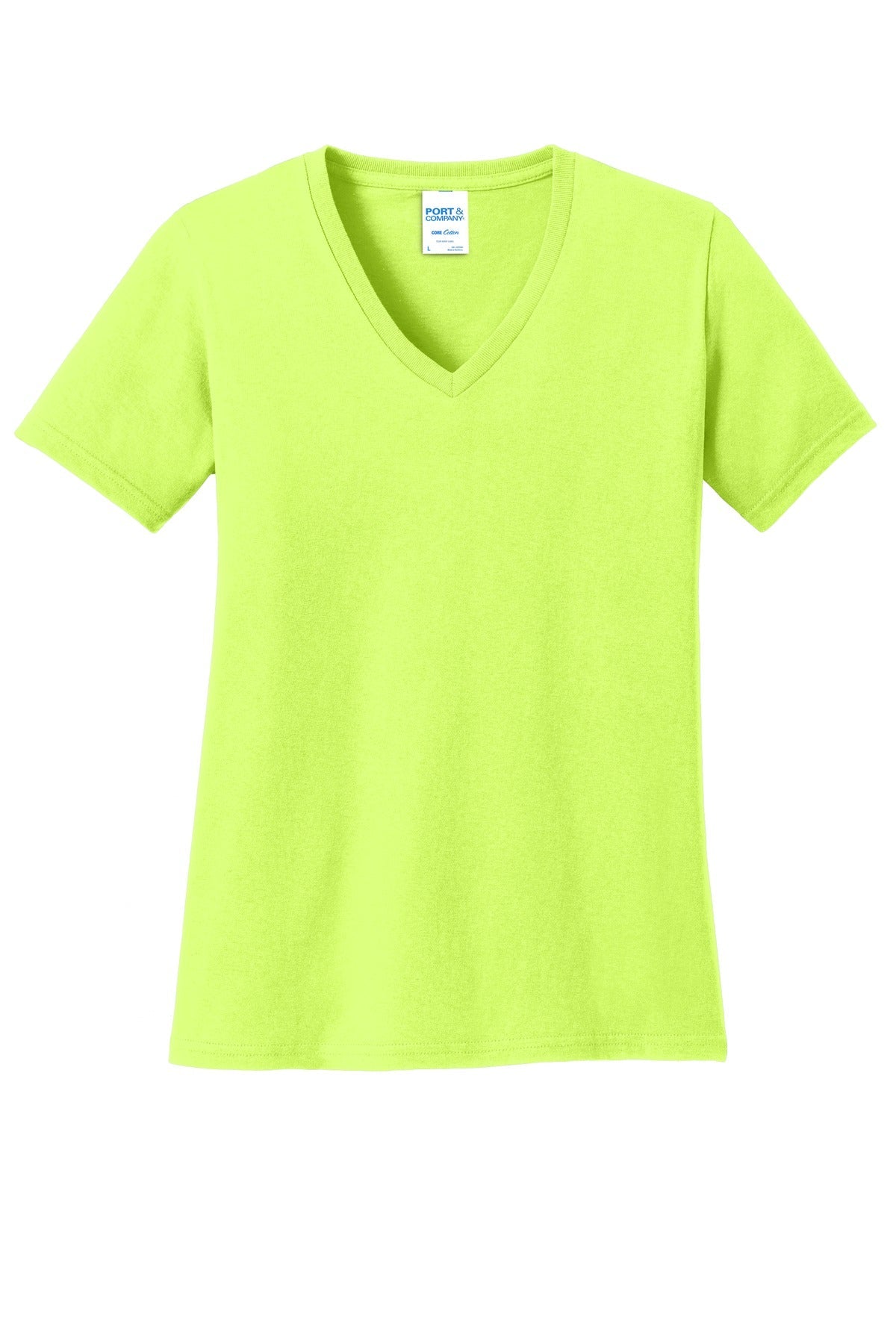 Front View of Neon Yellow Port & Co Women's Core Cotton V-Neck Tee. LPC54V