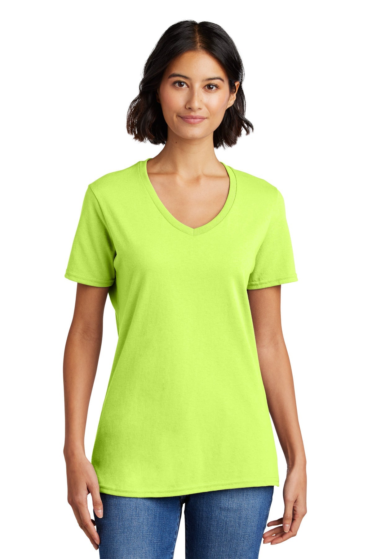 Front View of Neon Yellow Port & Co Women's Core Cotton V-Neck Tee. LPC54V