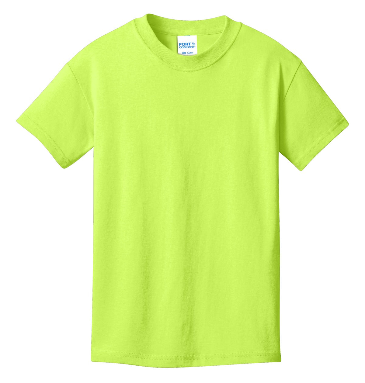 Front View of Neon Yellow Port & Co Youth Core Cotton Tee. PC54Y