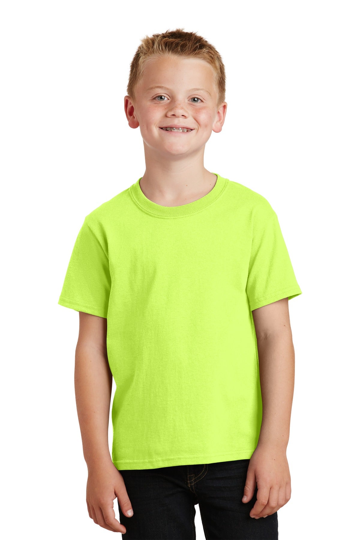 Front View of Neon Yellow Port & Co Youth Core Cotton Tee. PC54Y