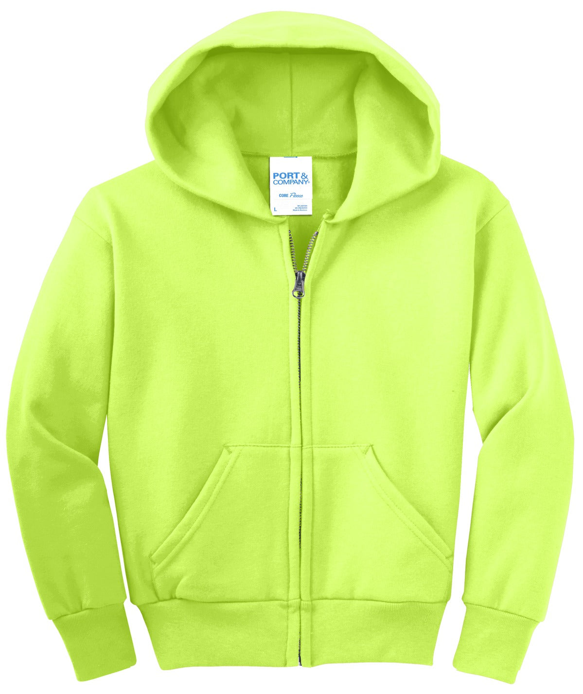 Front View of Neon Yellow Port & Co Youth Core Fleece Full-Zip Hooded Sweatshirt. PC90YZH