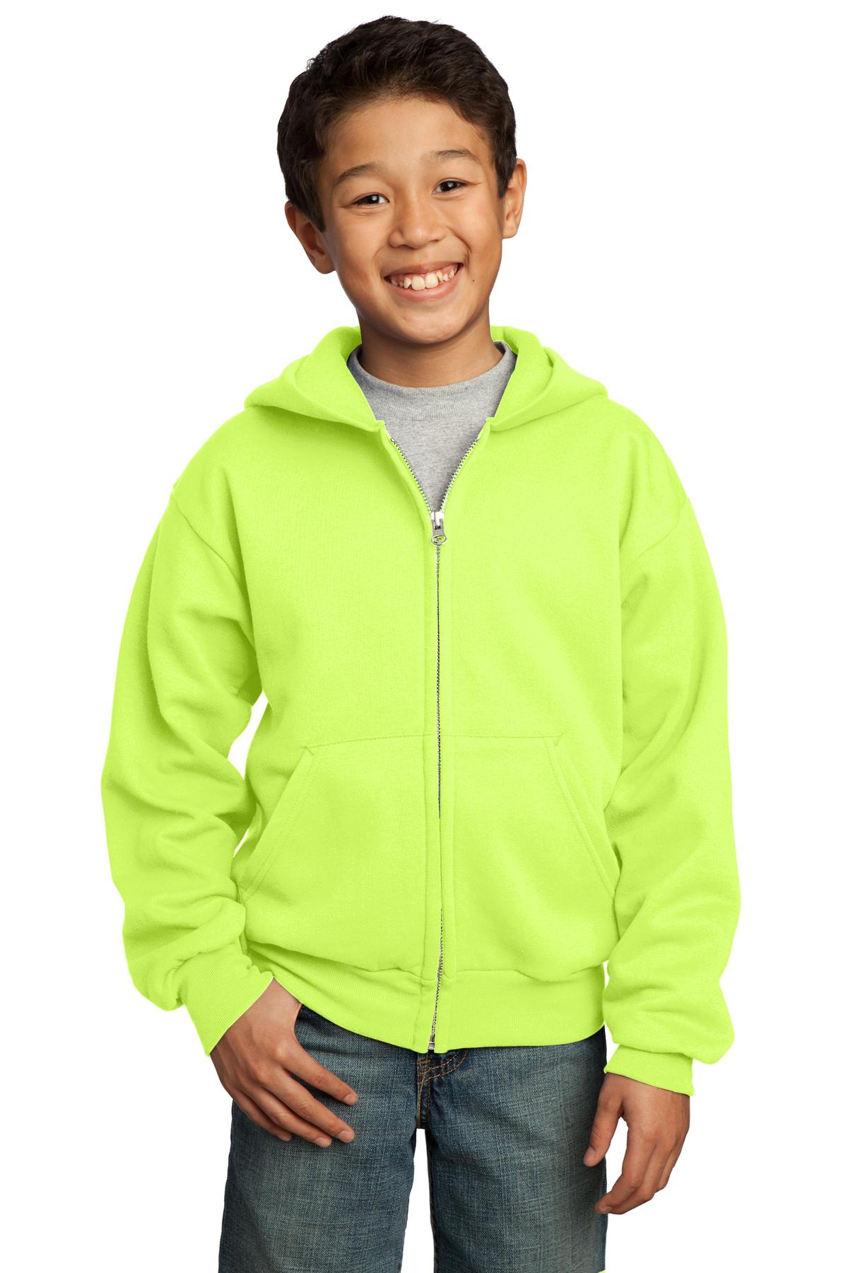 Front View of Neon Yellow Port & Co Youth Core Fleece Full-Zip Hooded Sweatshirt. PC90YZH