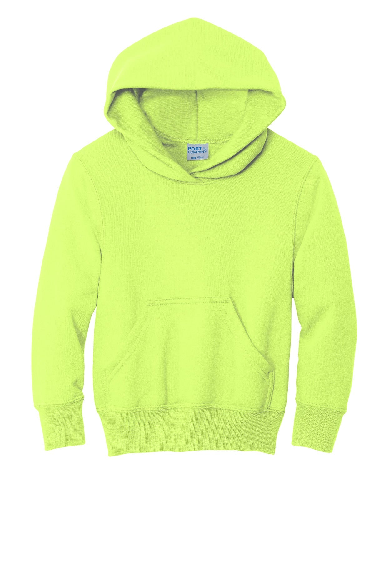 Front View of Neon Yellow Port & Co Youth Core Fleece Pullover Hooded Sweatshirt. PC90YH