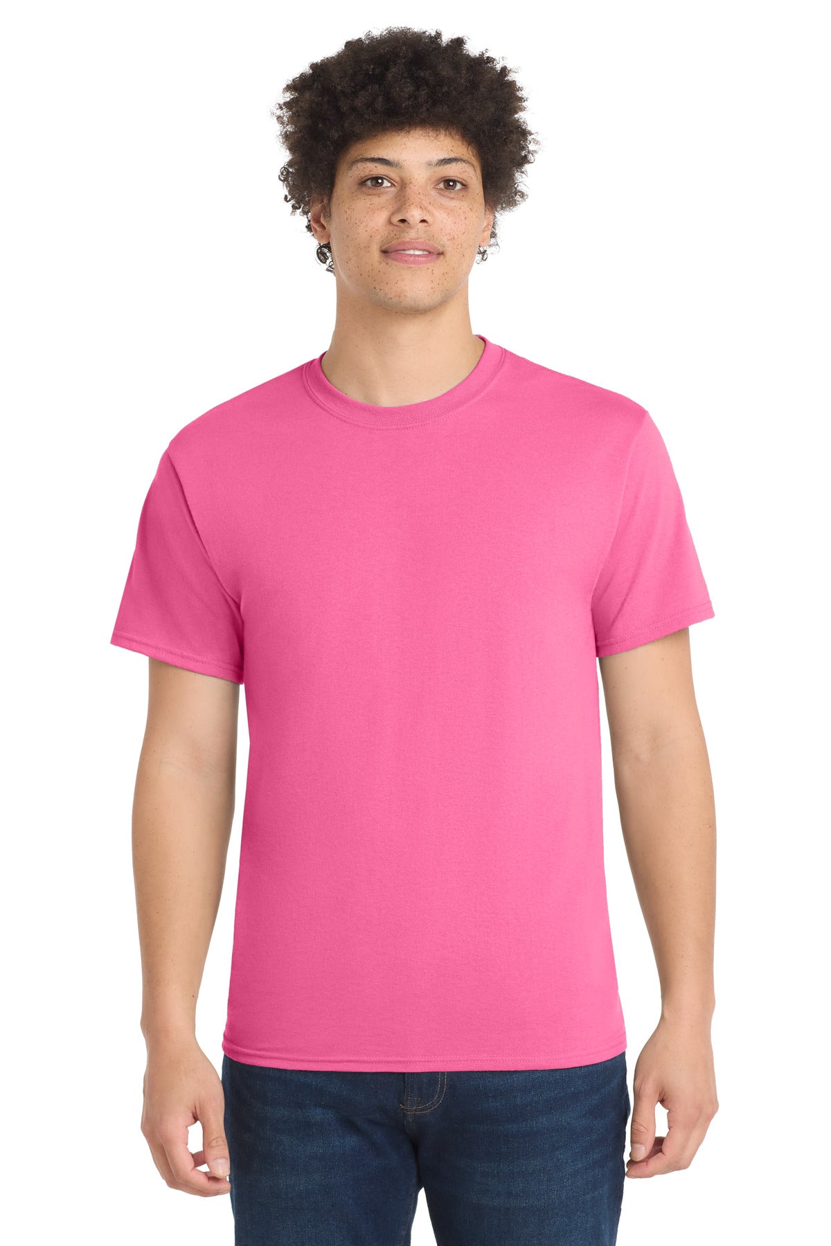 Front View of NeonPink Port & Co Core Blend Tee. PC55