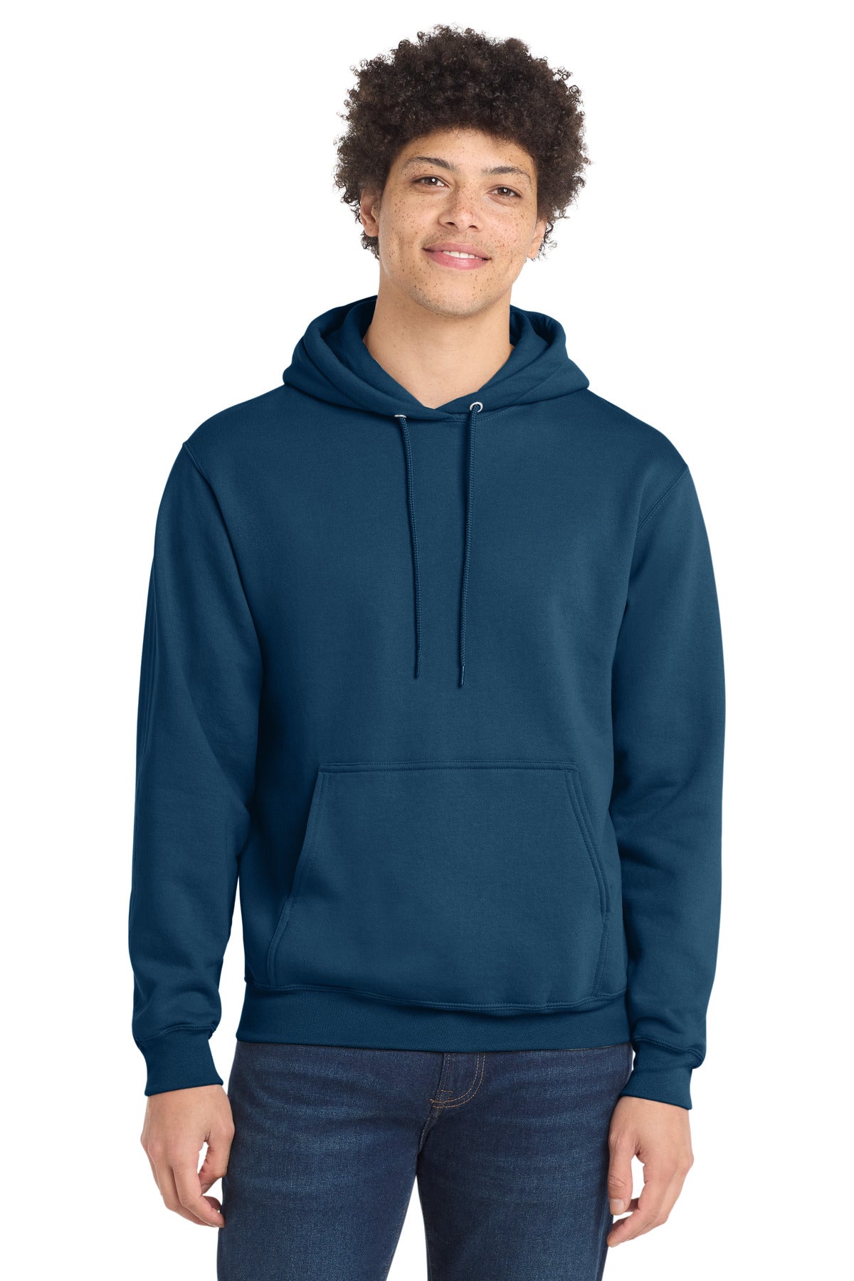 Front View of NeptuneBl Port & Co Core Fleece Pullover Hooded Sweatshirt. PC78H