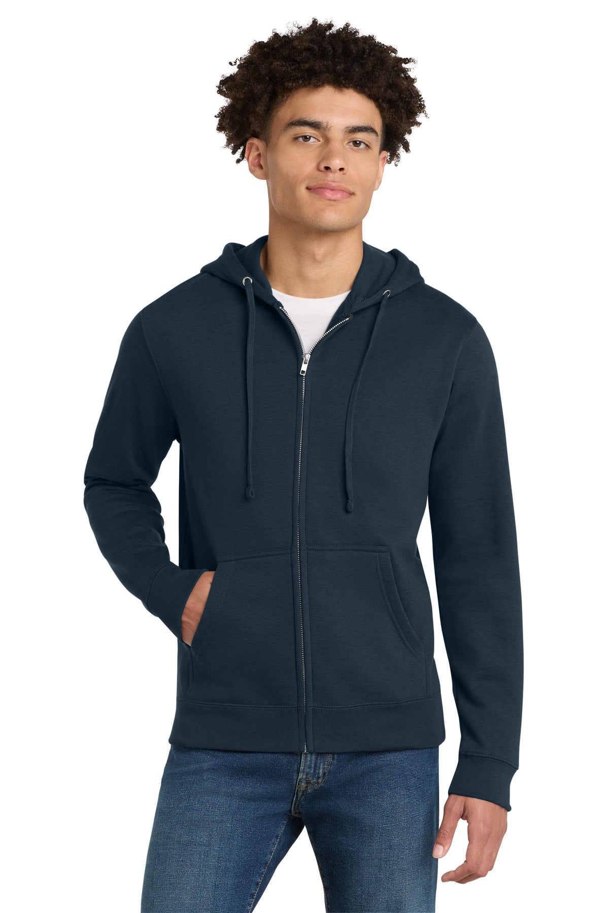 Front View of New Navy District V.I.T. Fleece Full-Zip Hoodie DT6102