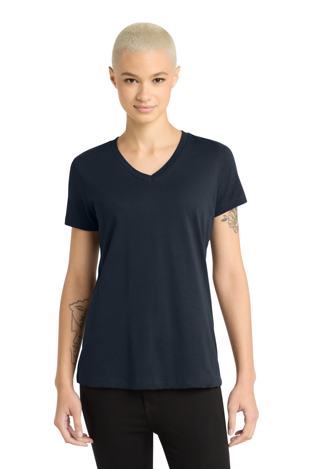 Front View of New Navy District - Women's Perfect Weight V-Neck Tee. DM1170L