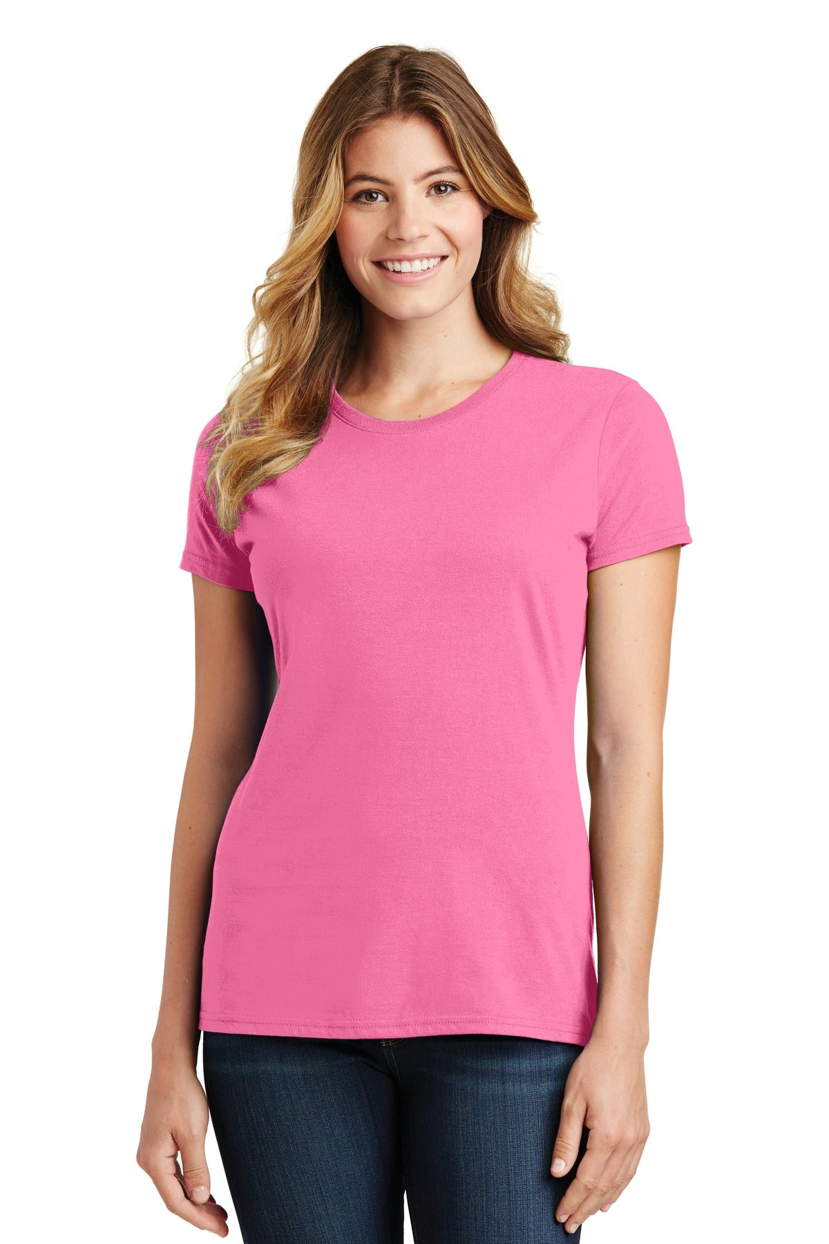 Front View of New Pink Port & Co Women's Fan Favorite Tee. LPC450
