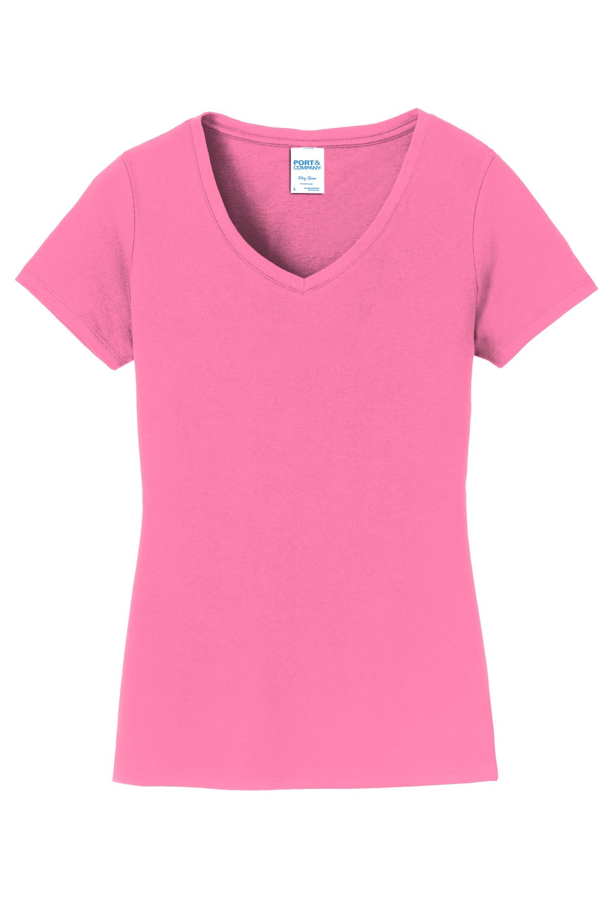 Front View of New Pink Port & Co Women's Fan Favorite V-Neck Tee. LPC450V