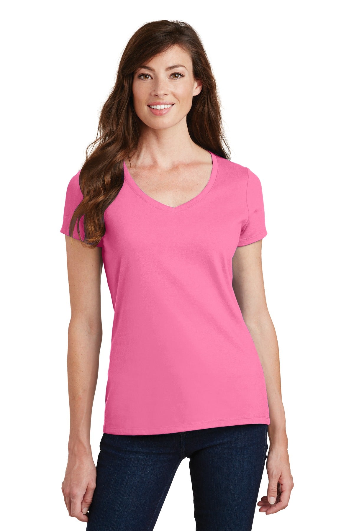 Front View of New Pink Port & Co Women's Fan Favorite V-Neck Tee. LPC450V