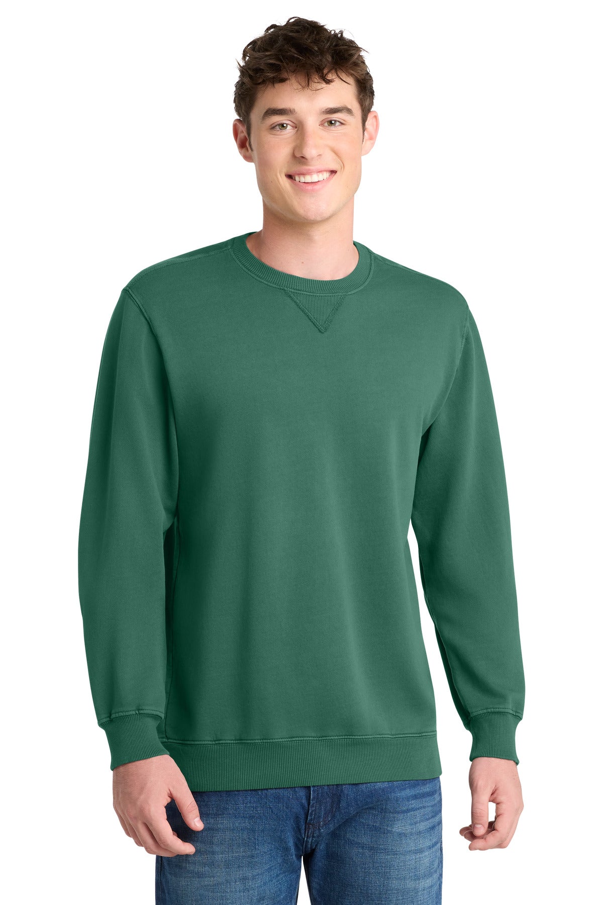Front View of NordicGrn Port & Co Beach Wash Garment-Dyed Crewneck Sweatshirt PC098