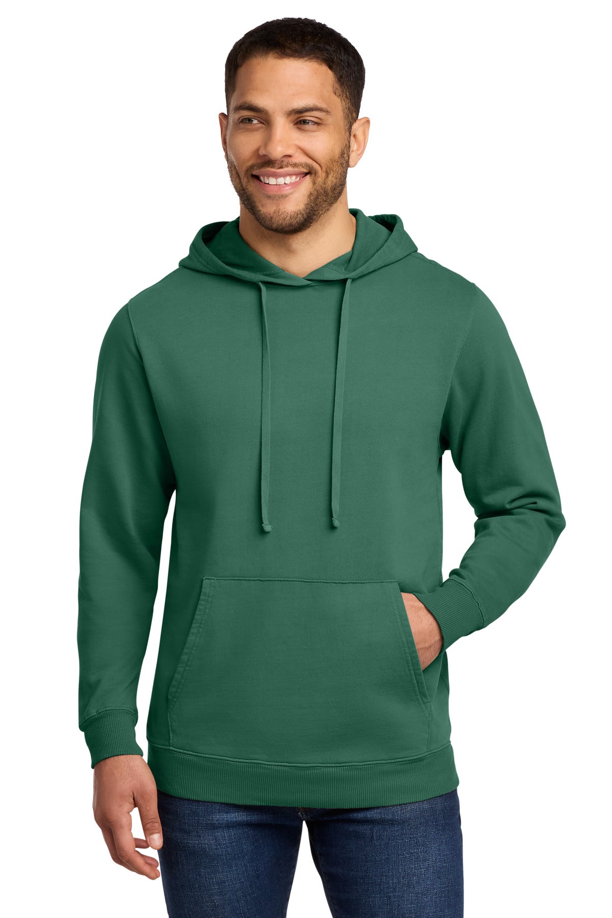 Front View of NordicGrn Port & Co Beach Wash Garment-Dyed Pullover Hooded Sweatshirt. PC098H