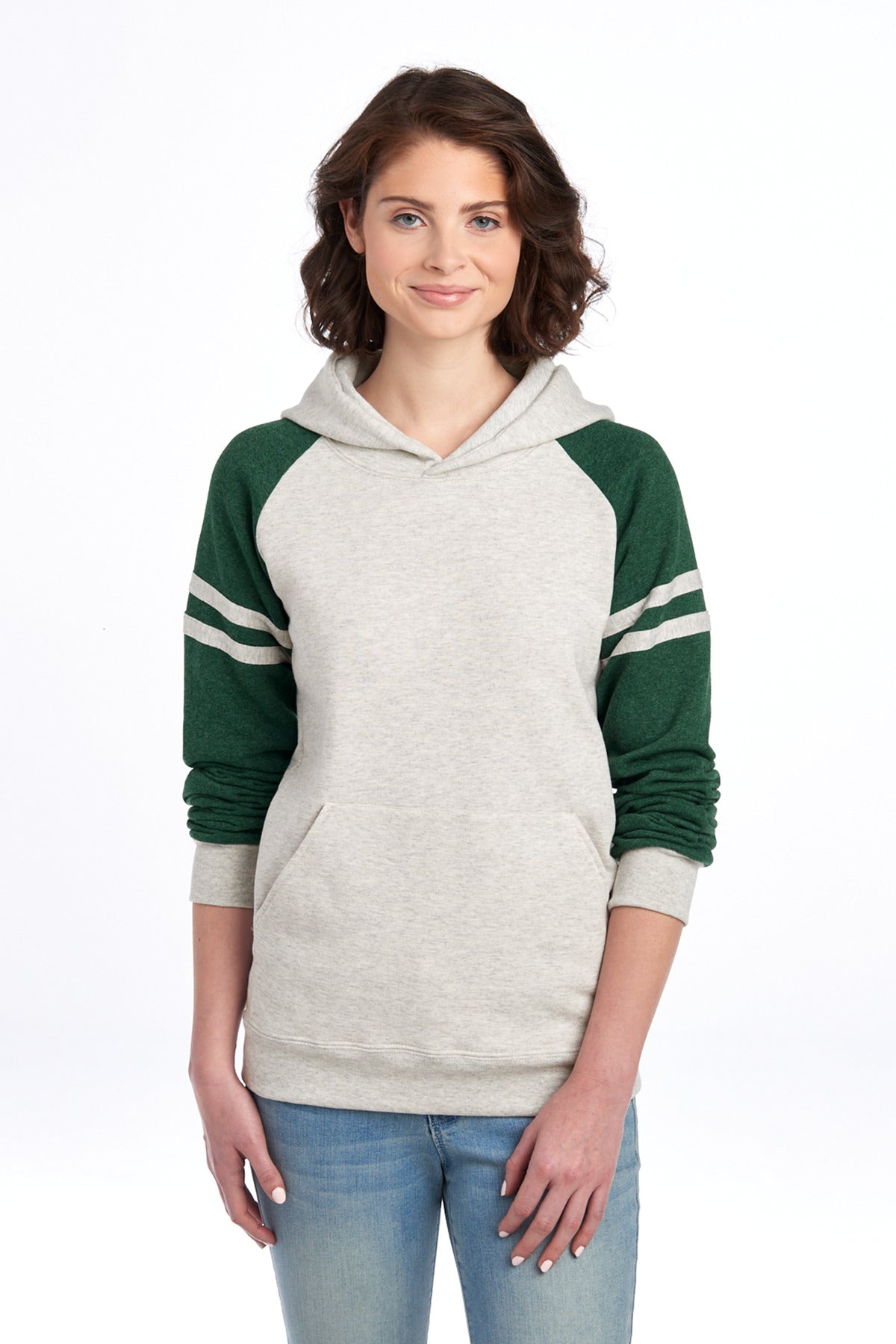Front View of OatHt/FGnH Jerzees Unisex NuBlend Varsity Colorblock Hooded Sweatshirt 97C