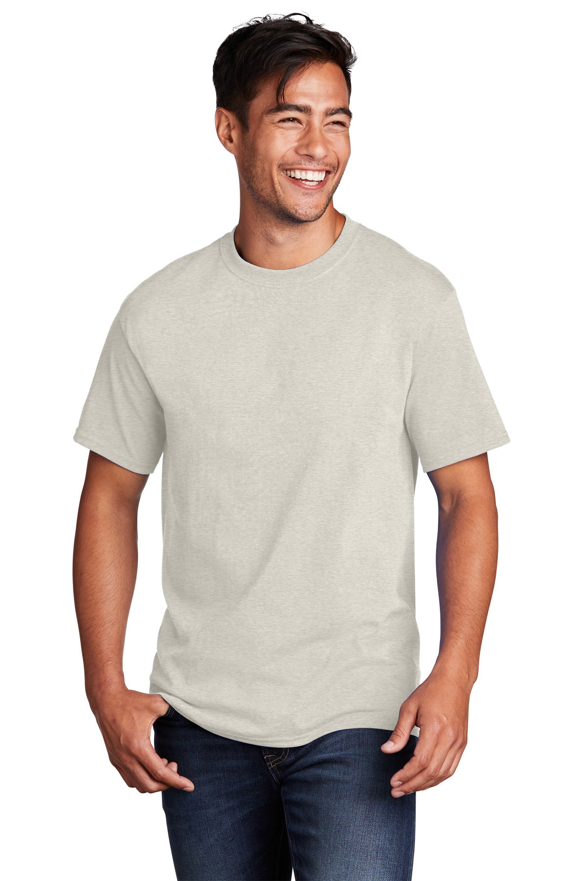 Front View of OatHthr Port & Co Core Cotton Tee. PC54