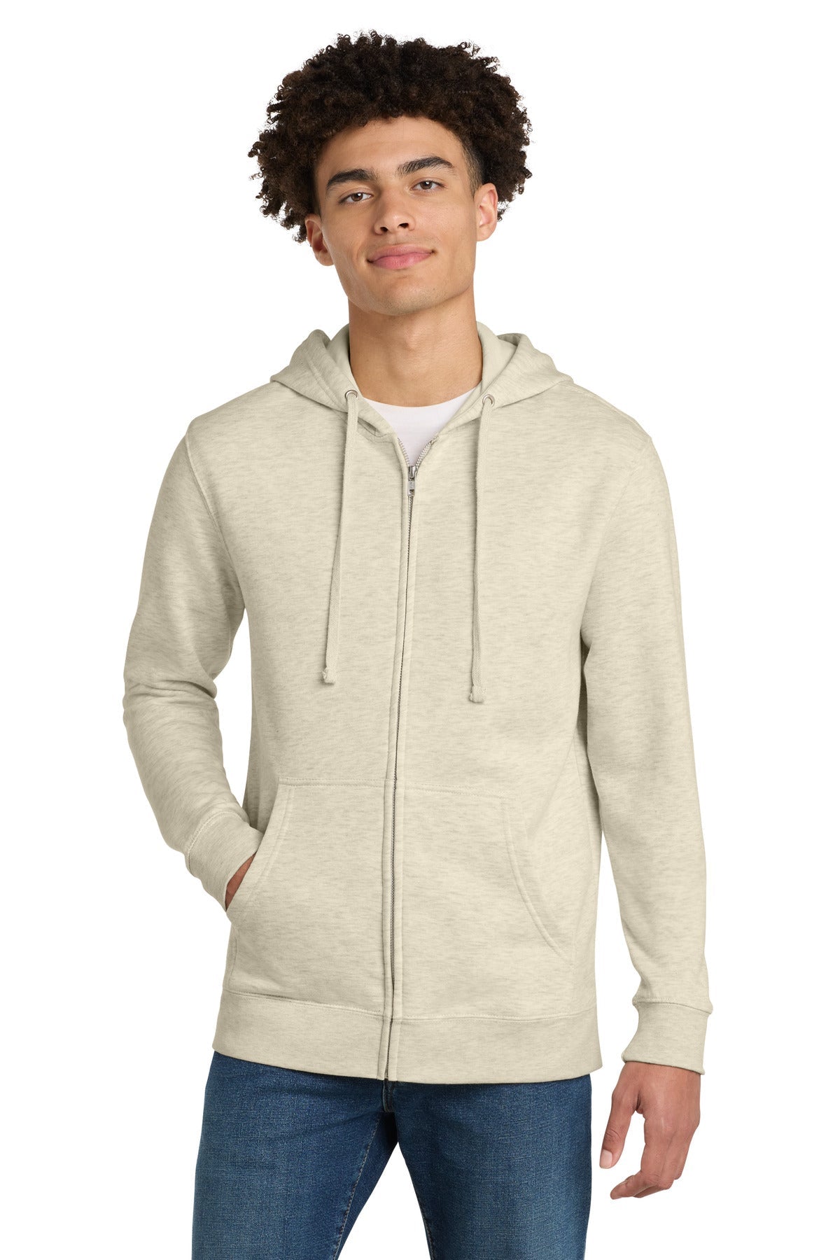 Front View of Oatmeal Hthr District V.I.T. Fleece Full-Zip Hoodie DT6102