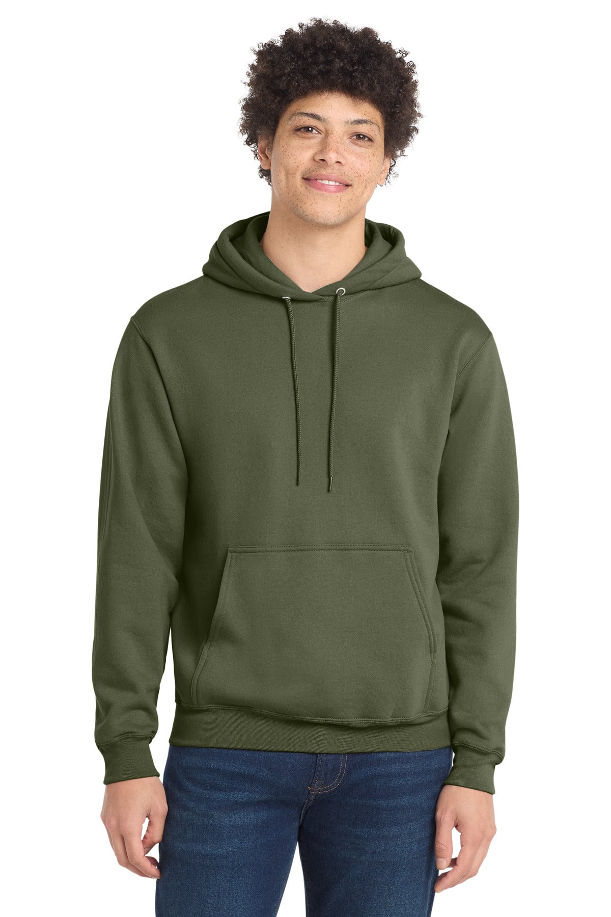 Front View of Olive Drab Grn Port & Co Core Fleece Pullover Hooded Sweatshirt. PC78H